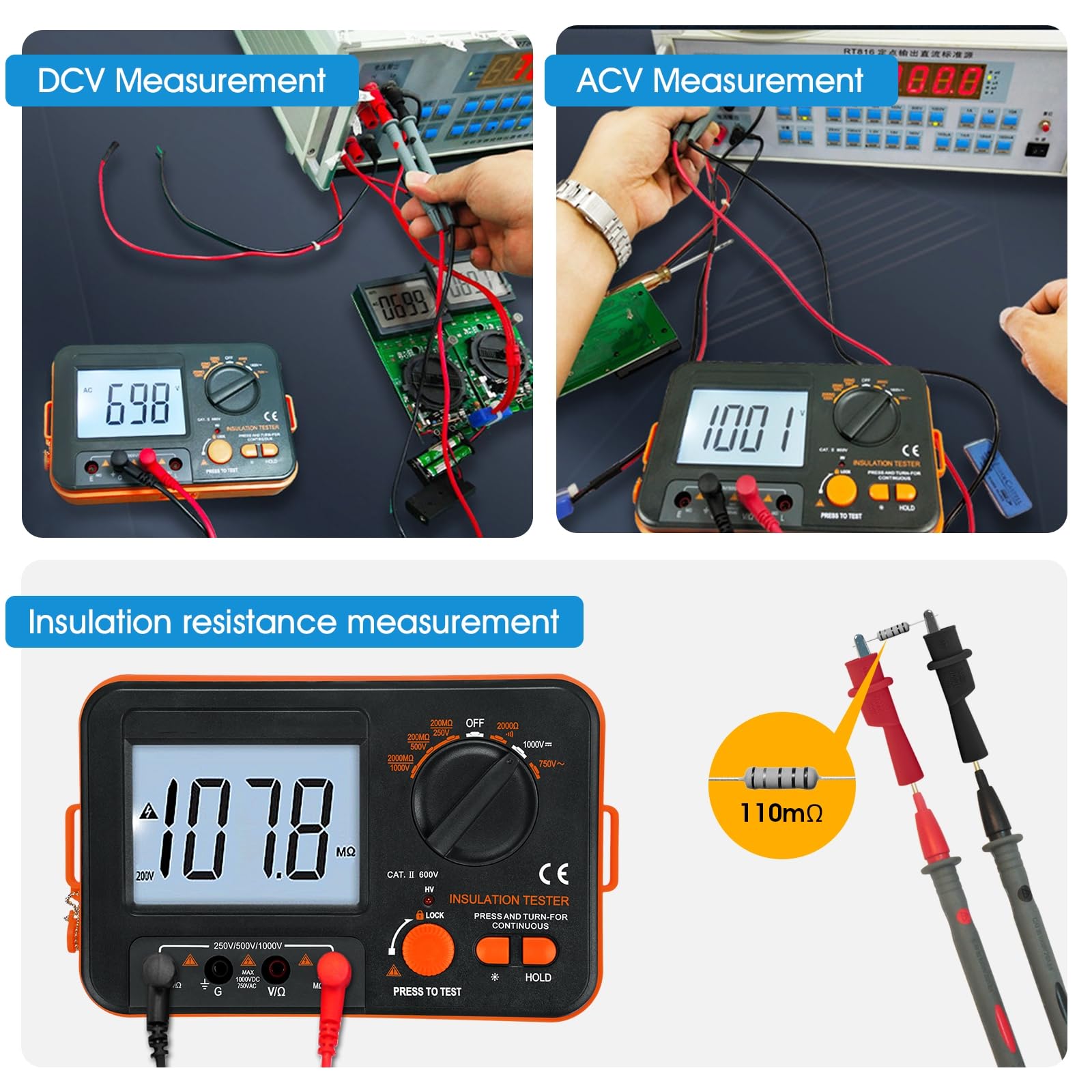 Mégaohmmètre, Testeur de résistance d'isolement numérique WapoRich 2000 MΩ avec tensions de test DC 250 V/50 V/1000 V, AC 750 V