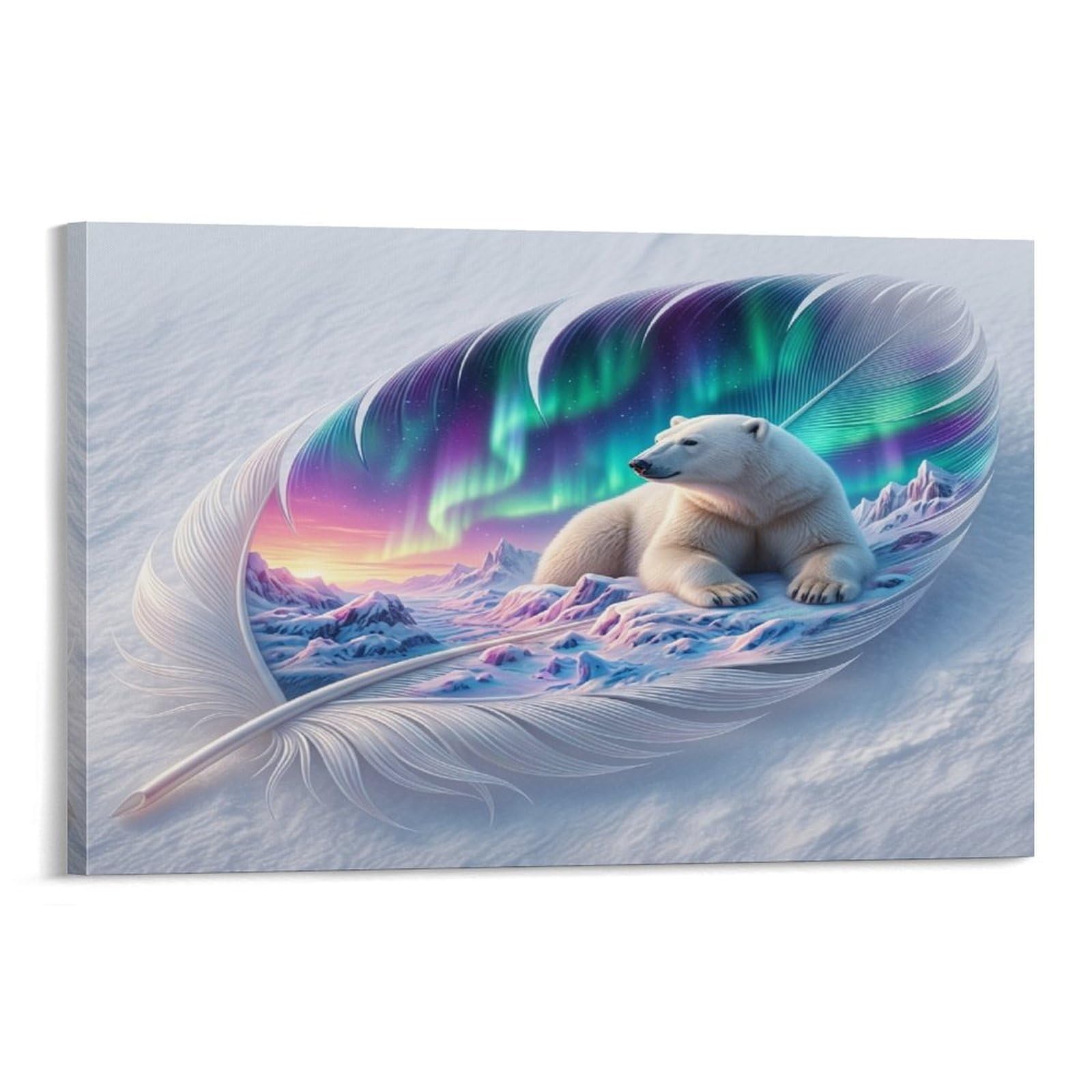 XPASHIQWC Polar Bear Wall Decor Poster Northern Lights Feather Giclee Canvas Prints Modern Wall Art Picture Wall Hanging for Living Room Home Decorations 24x36inch(60x90cm)