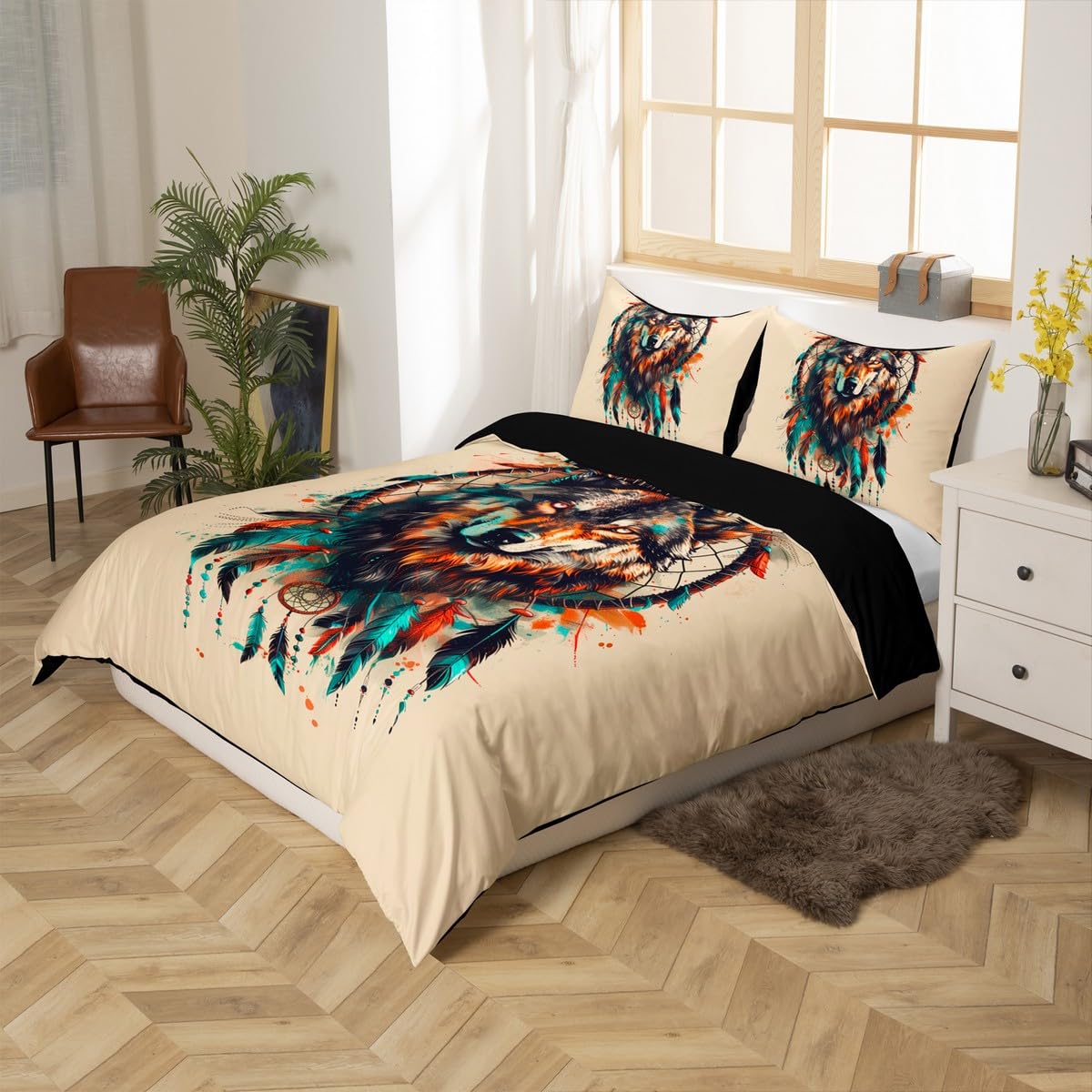 Boho Wolf Duvet Cover Set Toddler Size,Dream Catcher Bedding Set,Exotic Wild Animal Quilt Cover for Kids,Comforter Cover(No Filler),2 Pcs