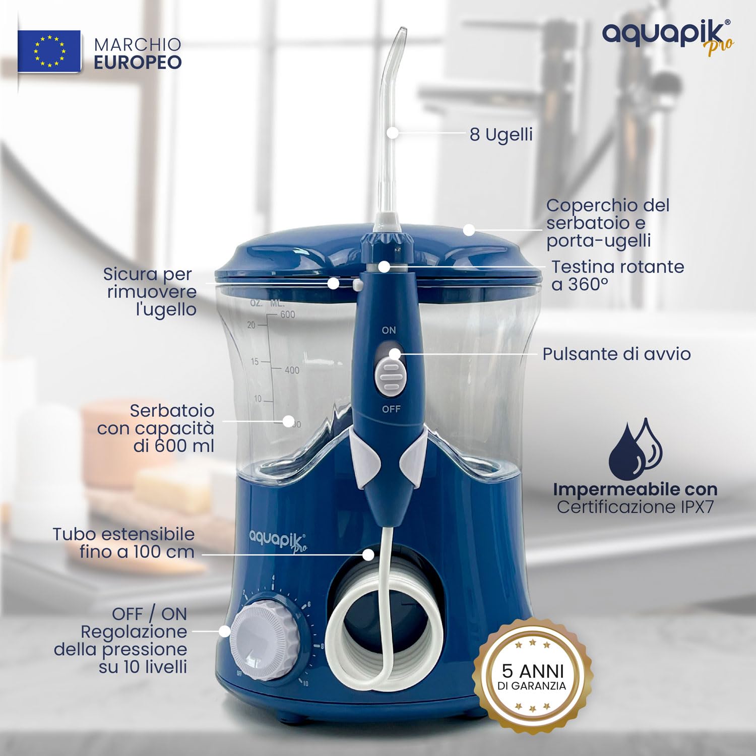 Aquapik® PRO Idropulsore Dentale Professionale | Rimuove la Placca + Raccomandato dai Dentisti + Cura Impianti e Apparecchi Ortodontici | 8 Ugelli + 10 Livelli di Pressione + Serbatoio 600 ml