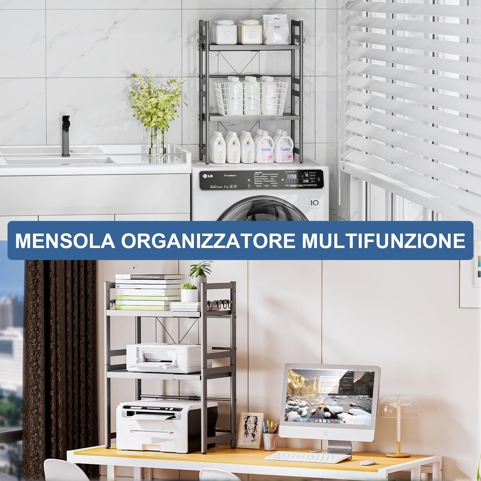 Mensola Microonde Scaffale da Cucina 3 Ripiani per Microonde con 8 Ganci, Estensibile Porta Microonde,Supporto Microonde Nero
