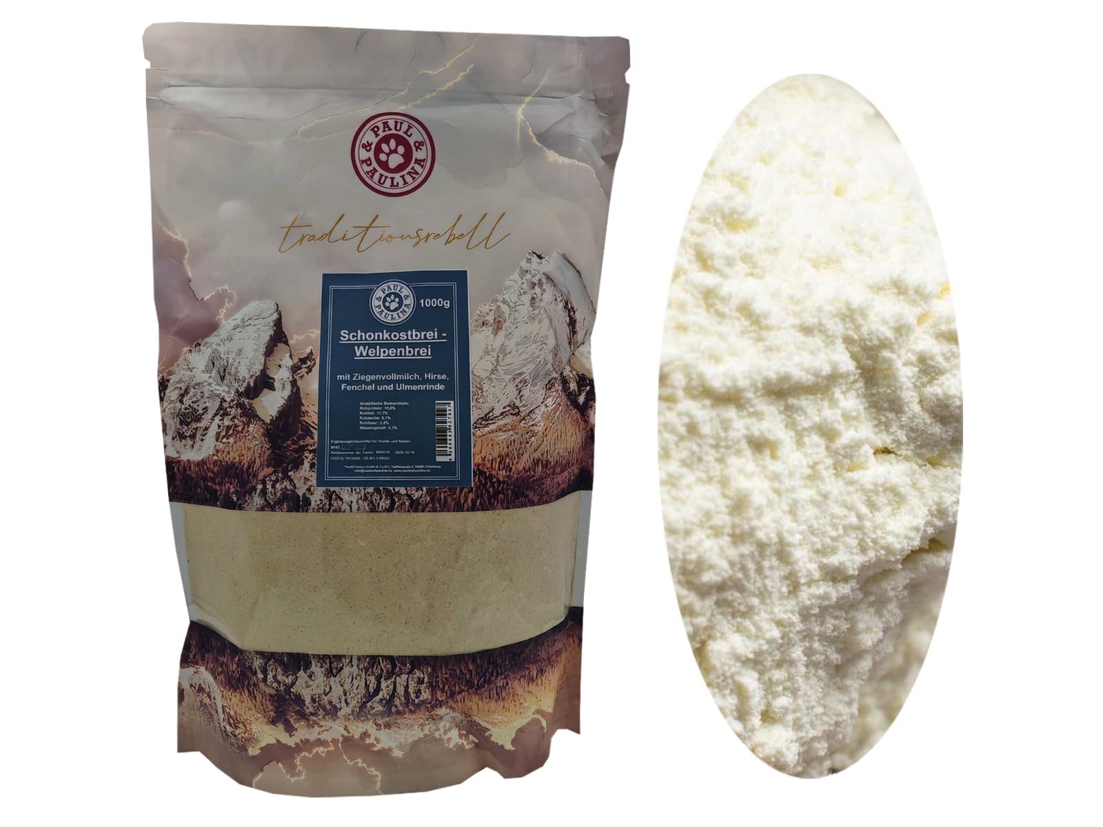 Paul & Paulina Schonkostbrei/Welpenbrei 1kg mit Ziegenvollmilchpulver, Hirse, Fenchel I Ergänzungsfuttermittel für Hunde und Katzen