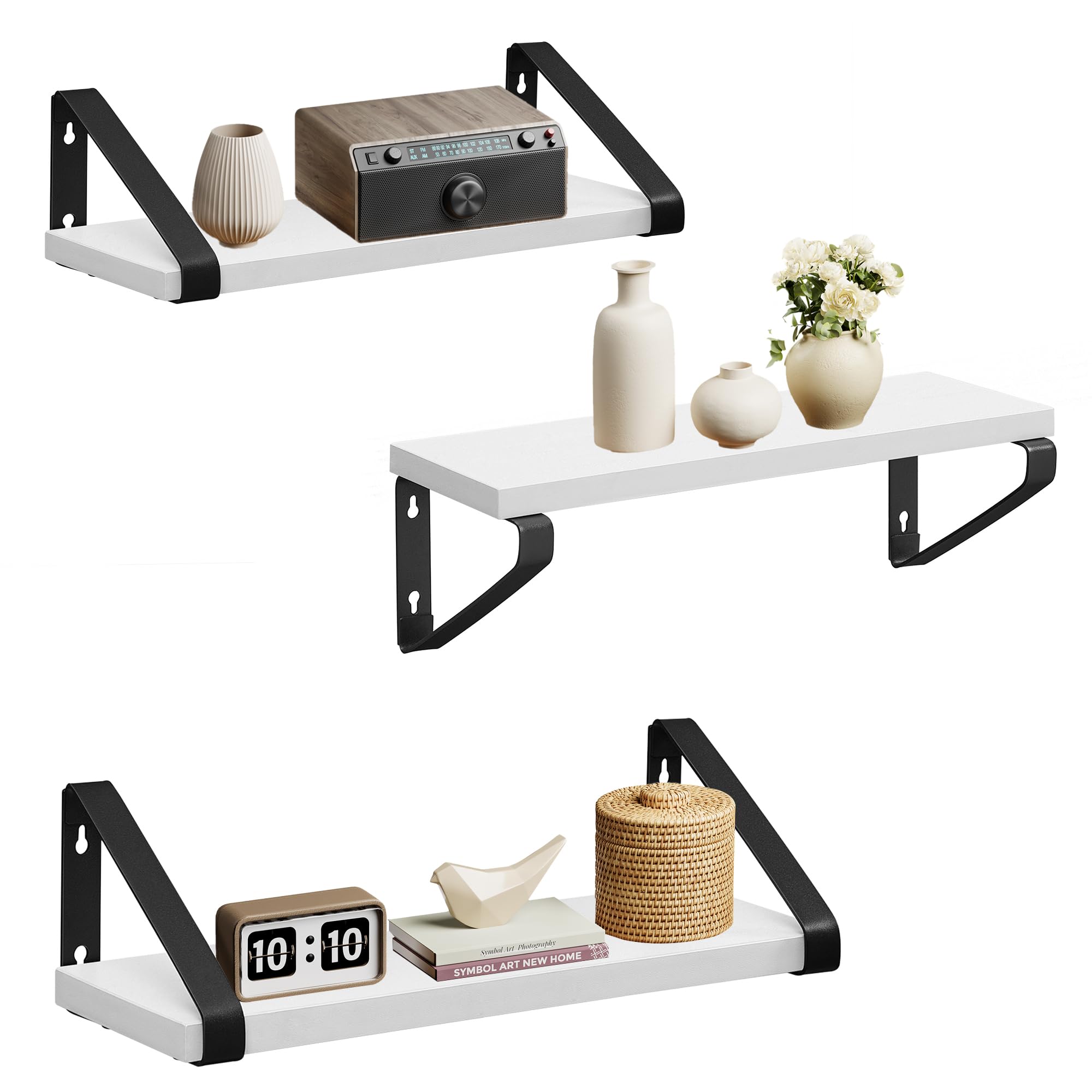 VASAGLE Wall Shelves, Floating Shelves Wall Mounted, Set of 3, 2 Mounting Ways, 30/35/40 cm, for Living Room, Bathroom, Kitchen, Cloud White and Matte Black LWS033B14 — image 1