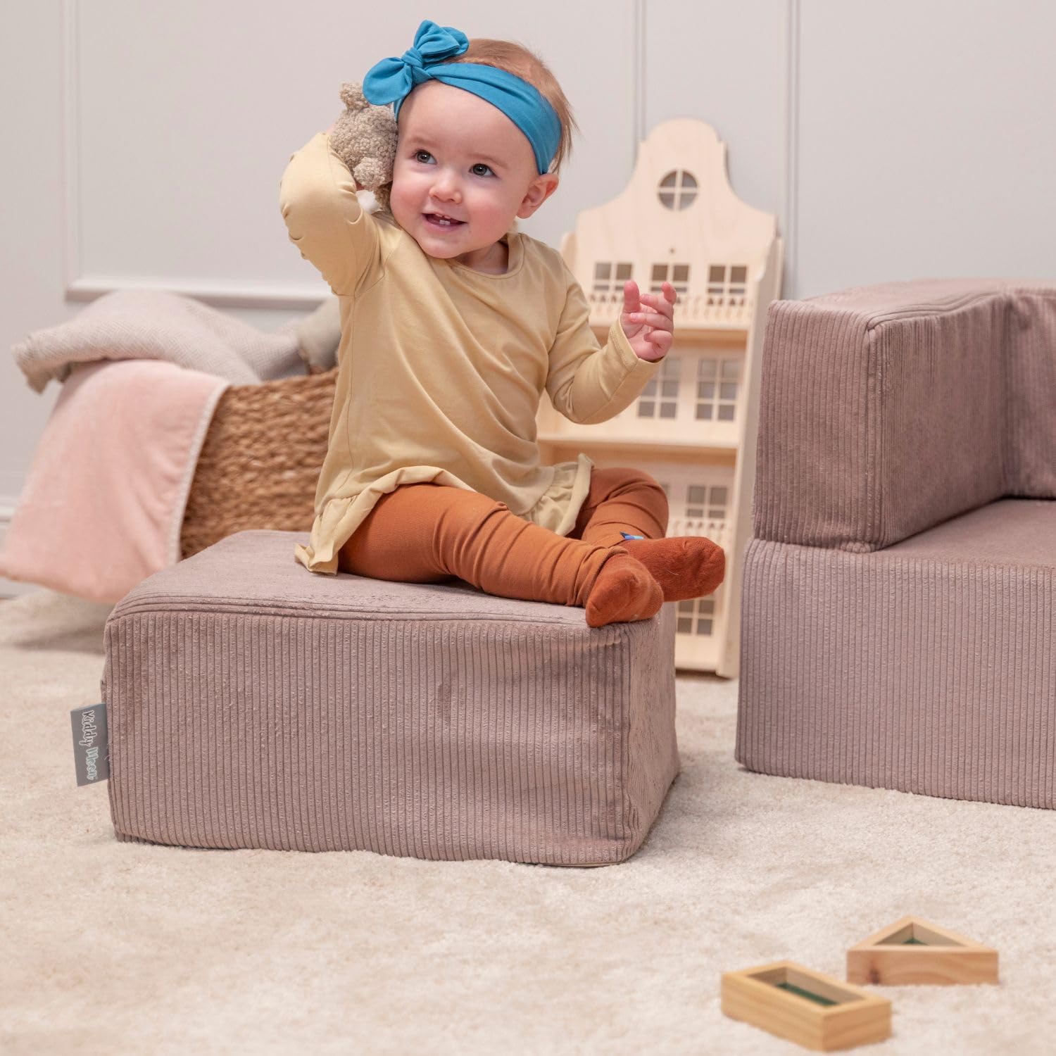 KiddyMoon Set Aus Zwei Weichen Kinderpuffen Für Kinder Leichte Und Vielseitige Sitzkissen Gerippter Stoff Abnehmbarer Bezug Perfekt Für Spielen Und Entspannen, Dunkelbeige