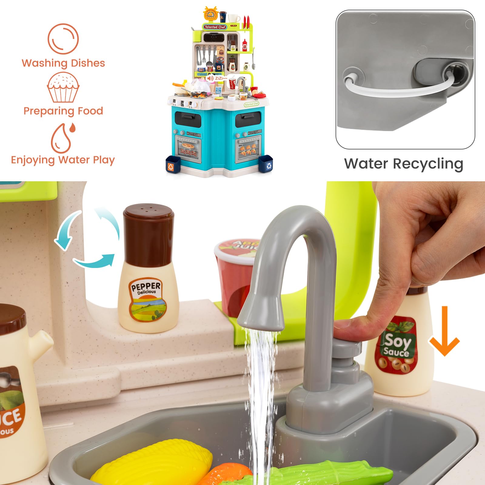 HOMASIS Cucina Giocattolo con Suoni e Luci, Gioco di Ruolo da Cucina con 75 PCS, Fornello con Acqua Vapore, Rubinetto con Acqua e Lavello, Cucinetta per Bambini da 3+ Anni (Blu)