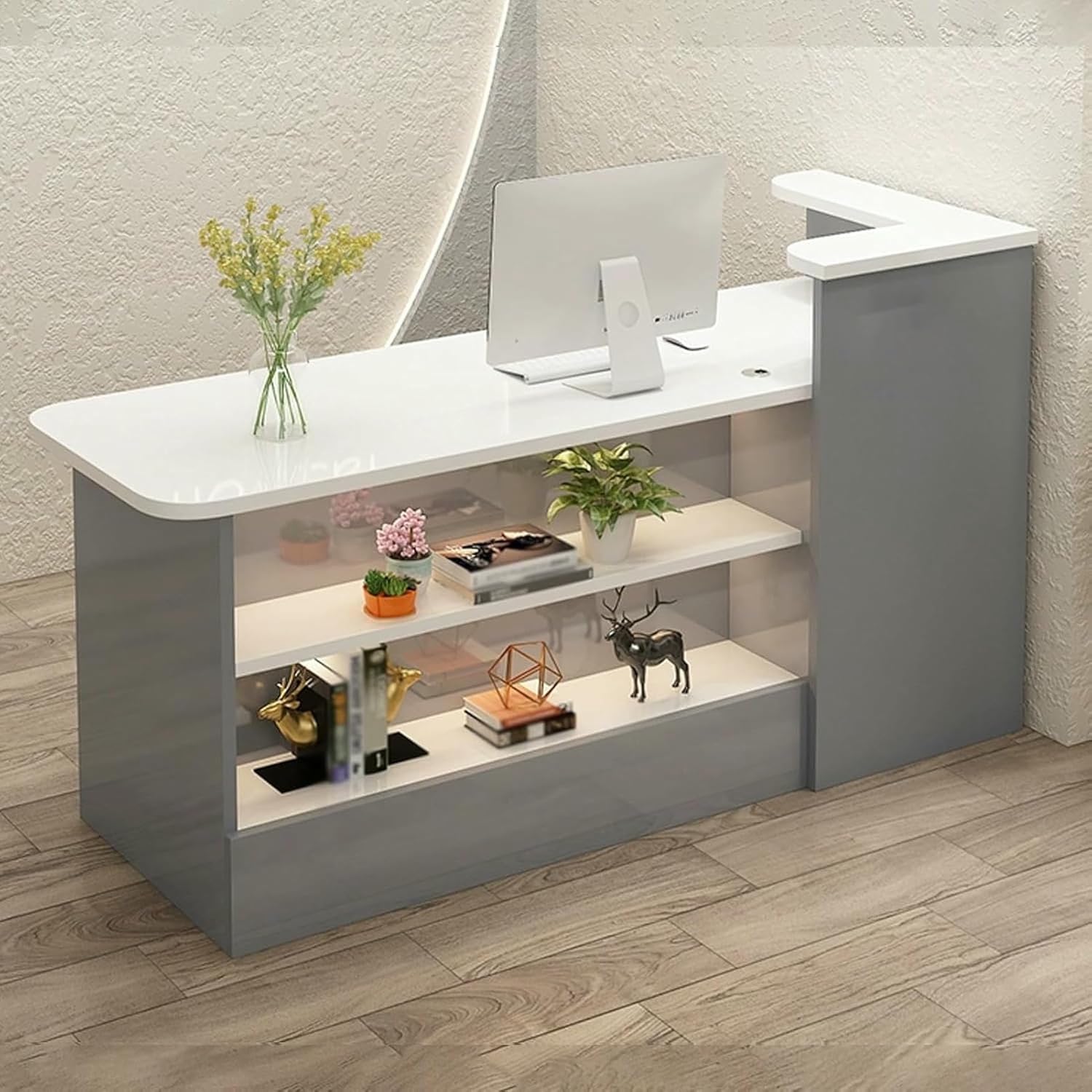 Reception Desk, Retail Checkout Counter, Front Desk Reception Counter, Wooden Checkout Office Desk with Lockable Drawer and LED Light, for Salon Reception Room Store Hotel(White+Beige L,100cm/3