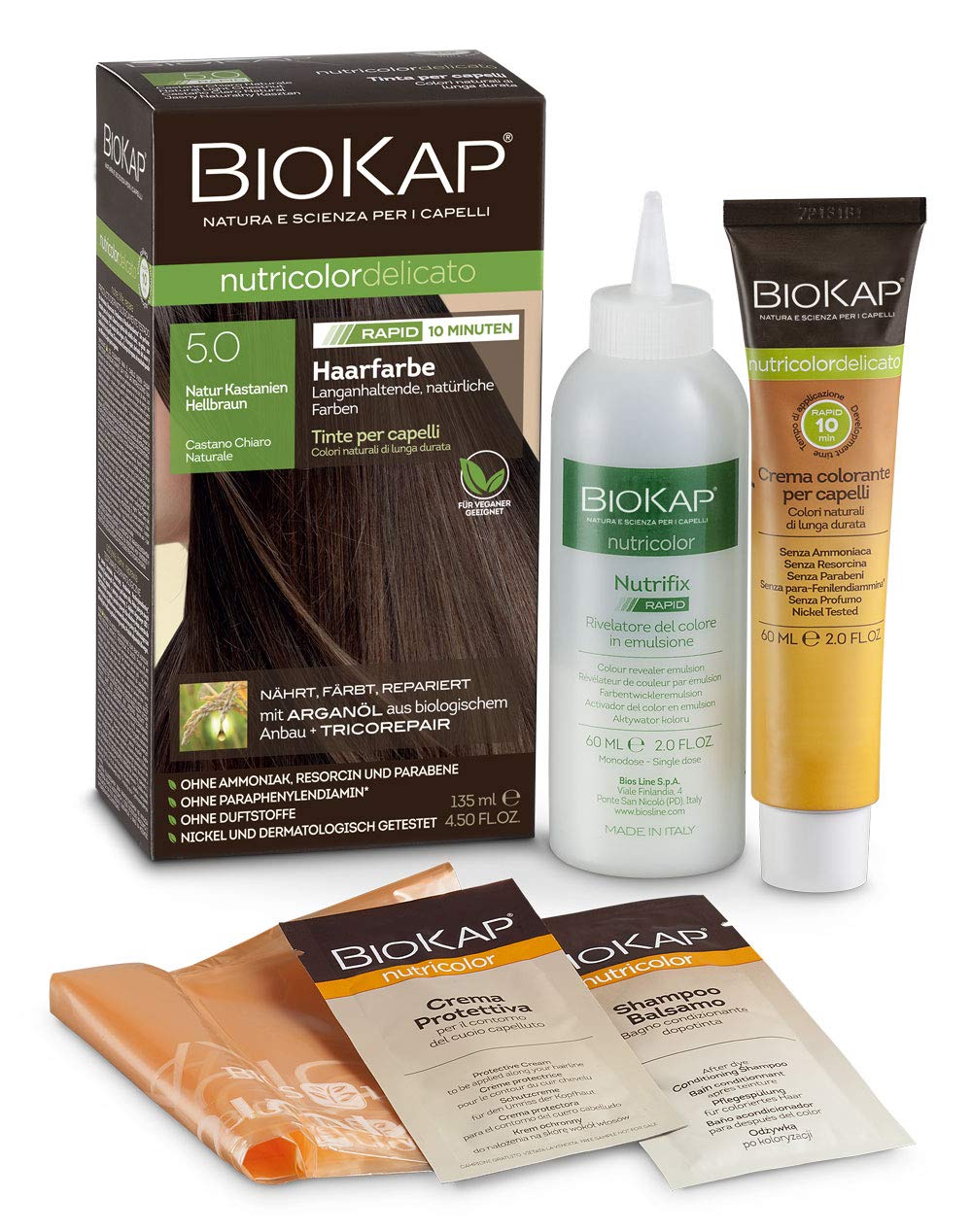 BIOKAPRAPID Permanent Hair Colour 5.0 Natural Chestnut Light Brown Only 10 Minutes Reaction Time Organic Argan Oil TricoREPAIR Complex Vegan Optimal Grey Coverage Up to 80% Natural Ingredients