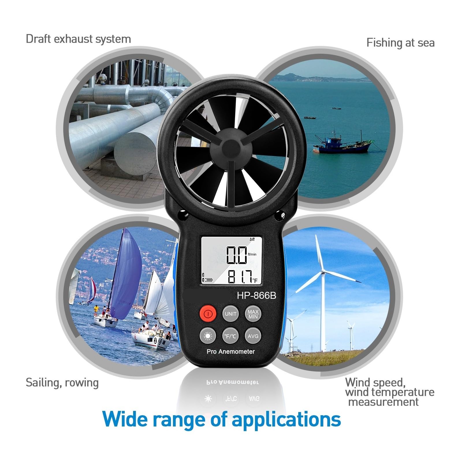 Anemometry, Anemometr, wskaźnik prędkości wiatru i temperatury, wskaźnik odczuwalnej temperatury, przenośny, wyświetlacz LCD, prąd/średnia/maks./min.