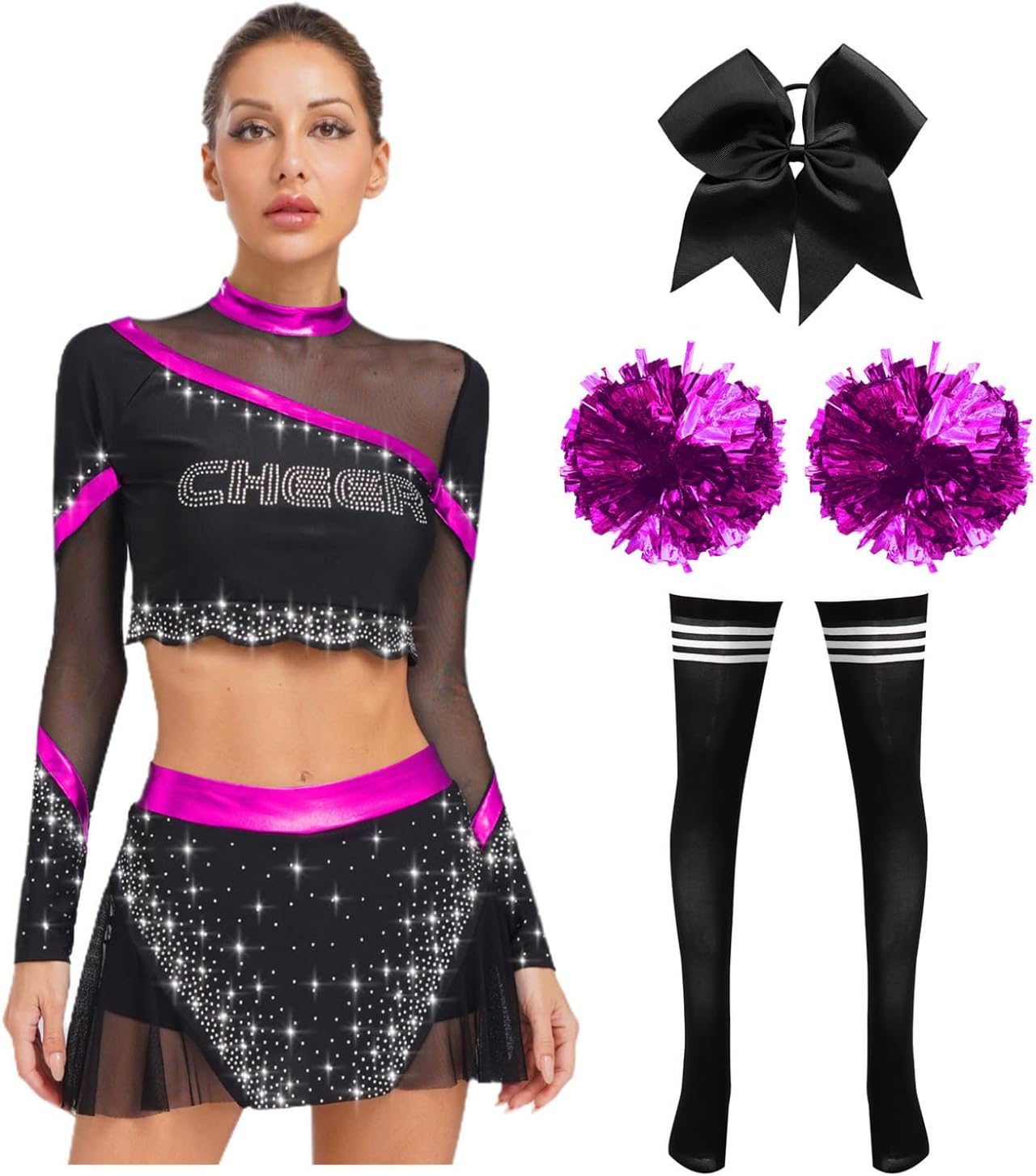 Kaerm Women Adult Long Sleeve Top Skirt With Stockings Set Cheerleading Outfits 4 Pcs Set Cheerleading Uniform