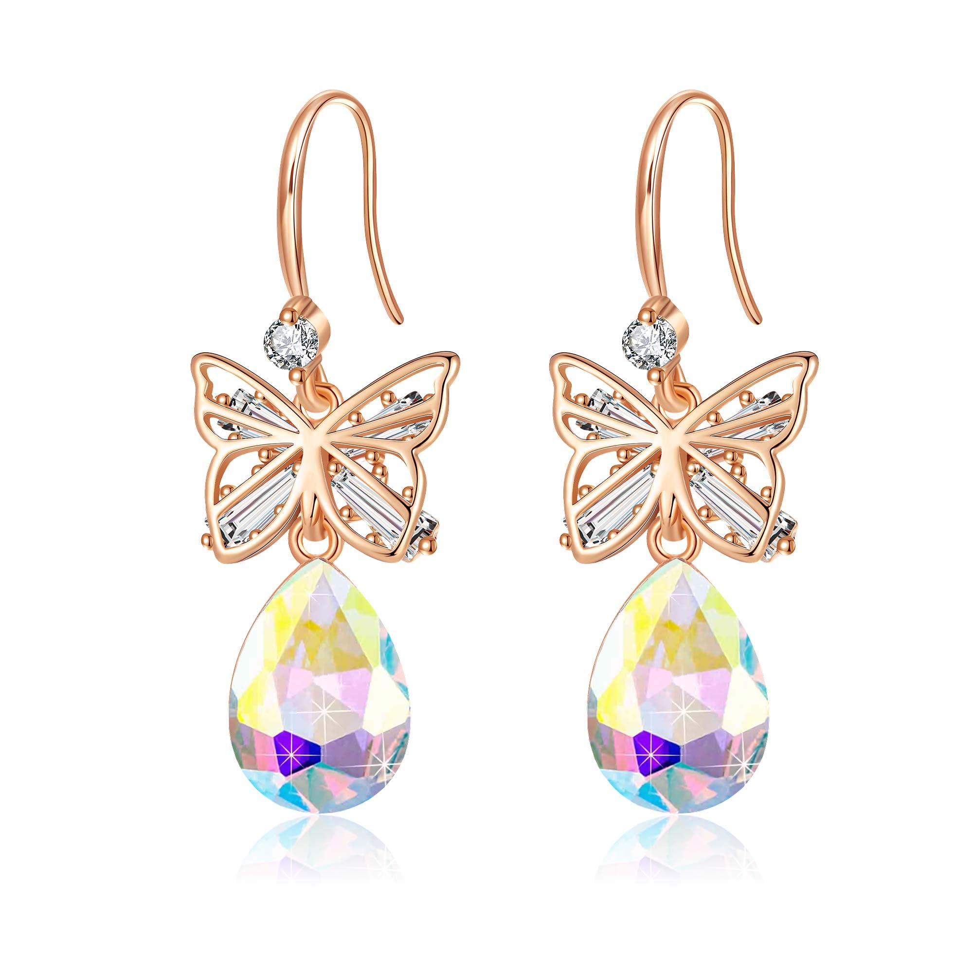 Austrian Crystal Teardrop Butterfly Drop Dangle Earrings for Women 14K Rose Gold Plated Hypoallergenic Jewelry