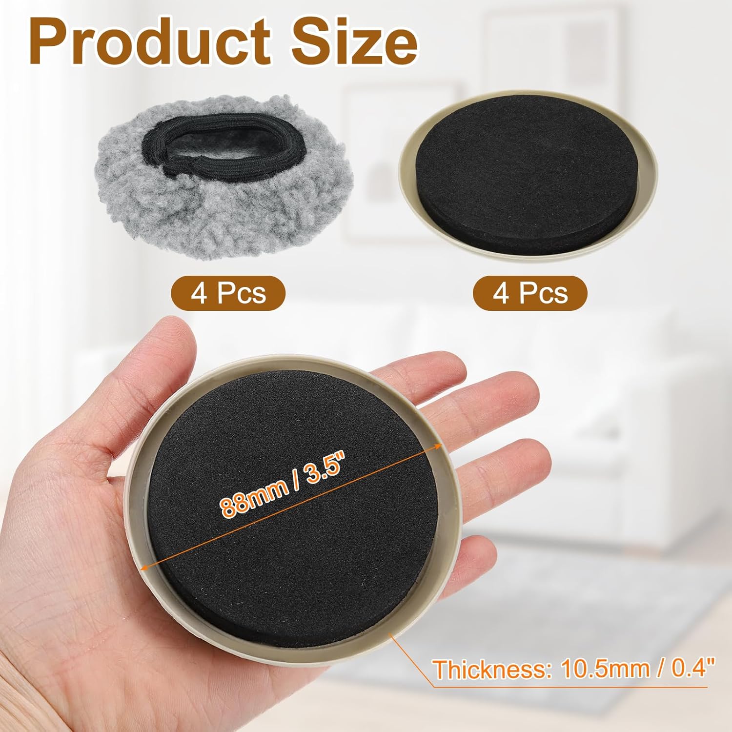 uxcell 4 Pcs Furniture Sliders, 3.5" Plastic Removable Reusable Round Sliding Pads, Dual-Purpose Chair Glides with Hardwood Sock for Carpeted Tile Vinyl Hardwood Floor, Beige
