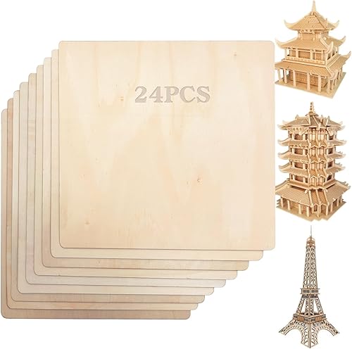 kathson Paquete de 24 paneles de madera de tilo de 11.81 x 11.81 x 110 pulgadas, hojas finas de madera de balsa para manualidades, cuadrados sin