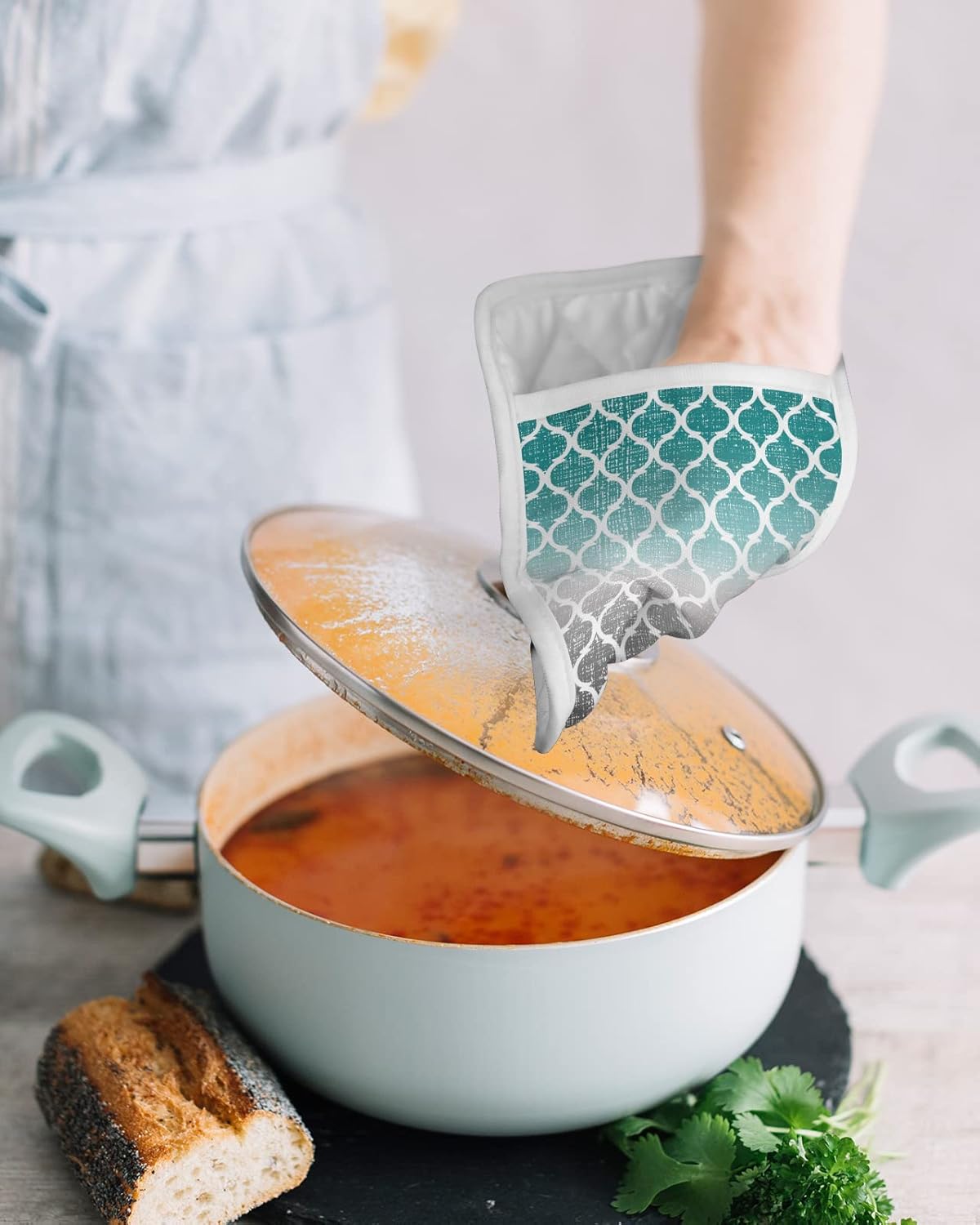 Pot Holders with Pockets, Heat-Resistant Hot Pads for Kitchen, Retro Moroccan Pattern Cyan and Gray Gradient Oven Mitts Pot Holders Sets Potholders for Baking Cooking Pack of 5