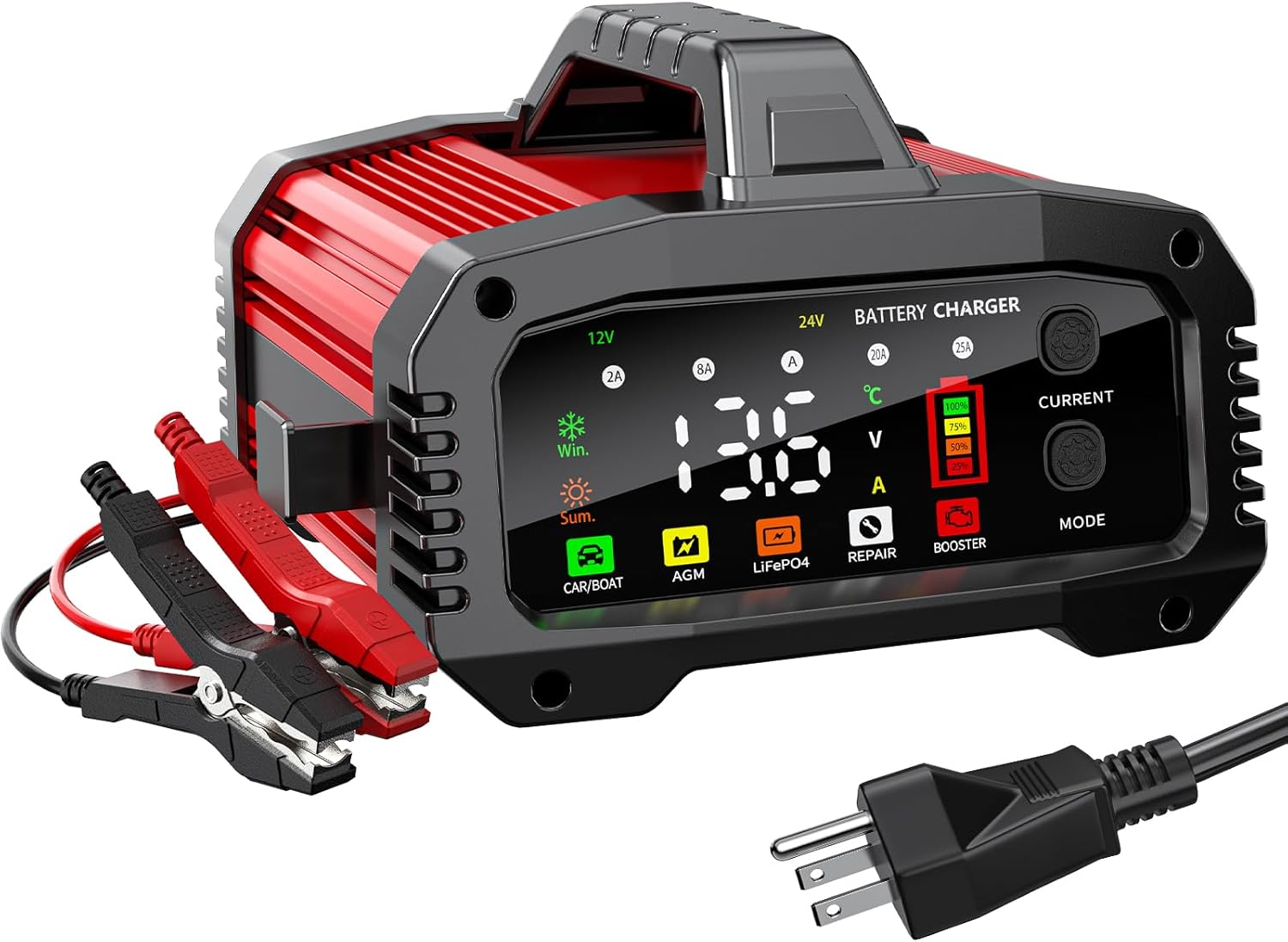25A Smart Battery Charger and Maintainer, 12V/24V LiFePO4 & Lead Acid Compatible, 9-Stage Full Charge with Temperature Compensation, for Car Truck Motorcycle Lawn Mower Boat Marine RV ATV SUV