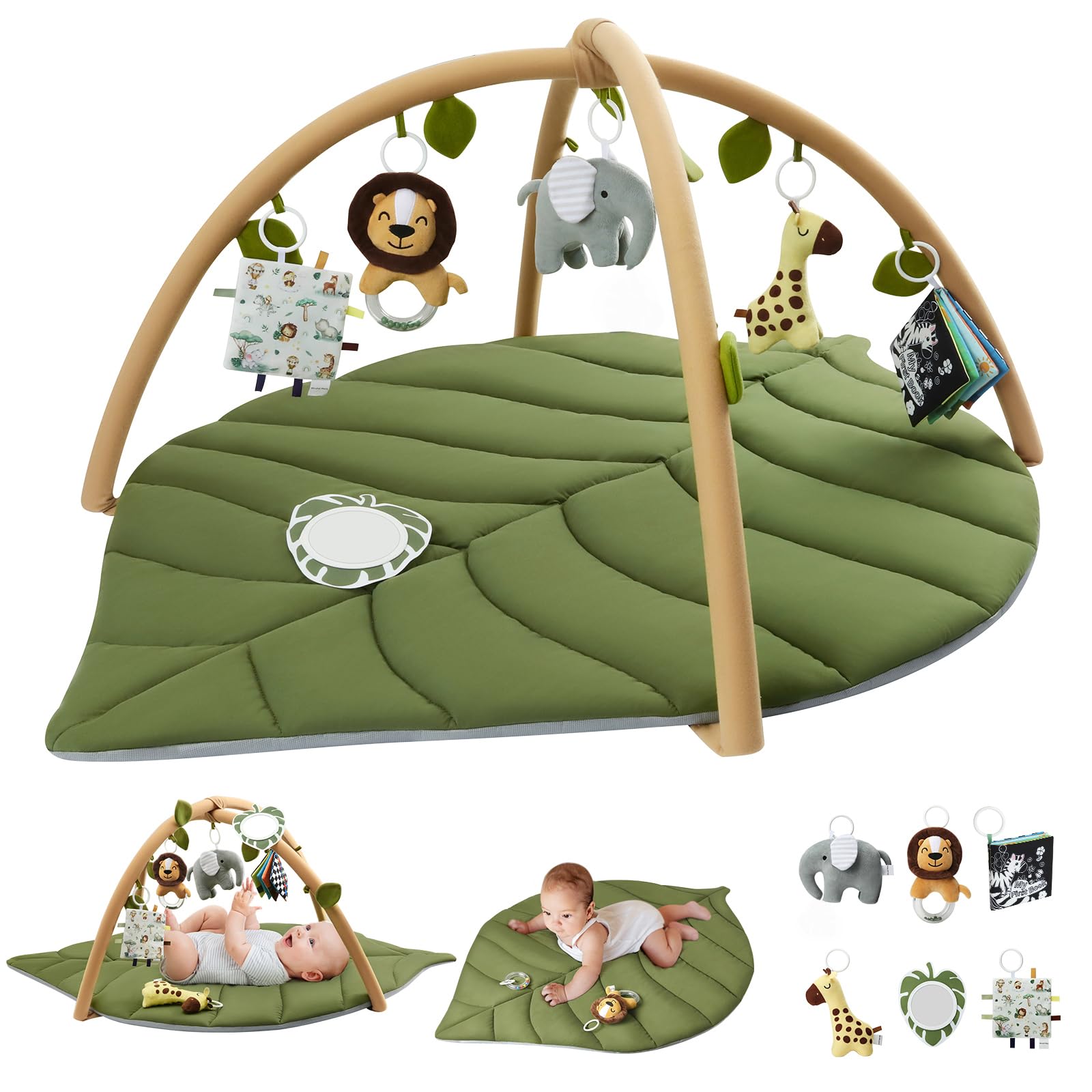 Blissful Diary Baby Play Gym & Activity Mat, Oversize Leaf Shaped Baby Play Mat w 6 Detachable Toys, Tummy Time Mat Promote Motor Skills & Sensory Development Mat - 2