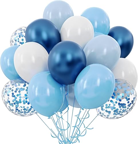 Globos azules y blancos, kit de 50 globos de confeti azul y blanco de 12 pulgadas, globos de látex azul cromado metálico para cumpleaños, baby