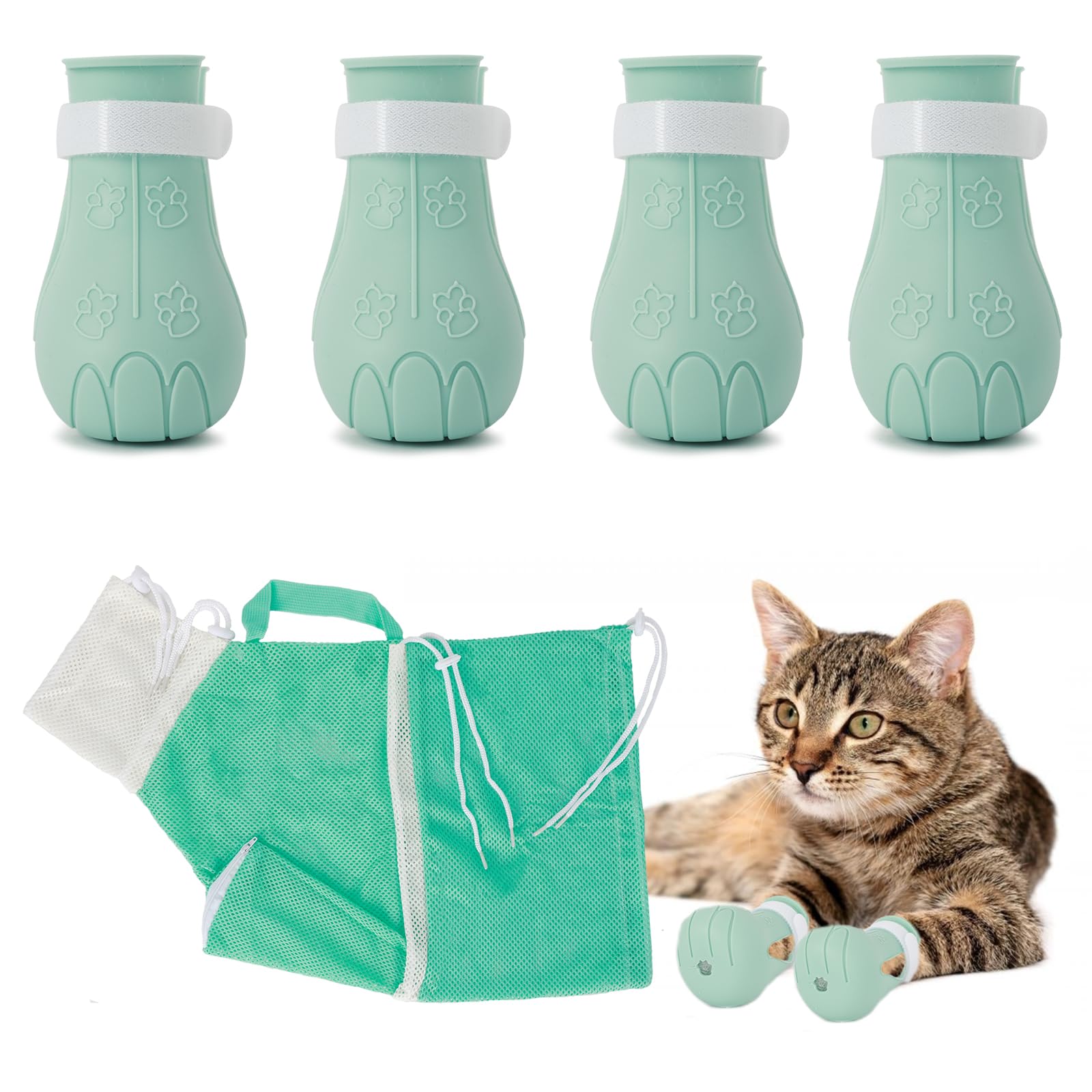 Hetenoyo 4 Pcs Anti-Scratch Silicone Cat Shoes and Cat Grooming Mesh Bag, Cat Claw Covers, Adjustable Multifunctional Anti-Bite Shower net Bag for Nail Trimming Bathing Home Pet Hospital Barbering