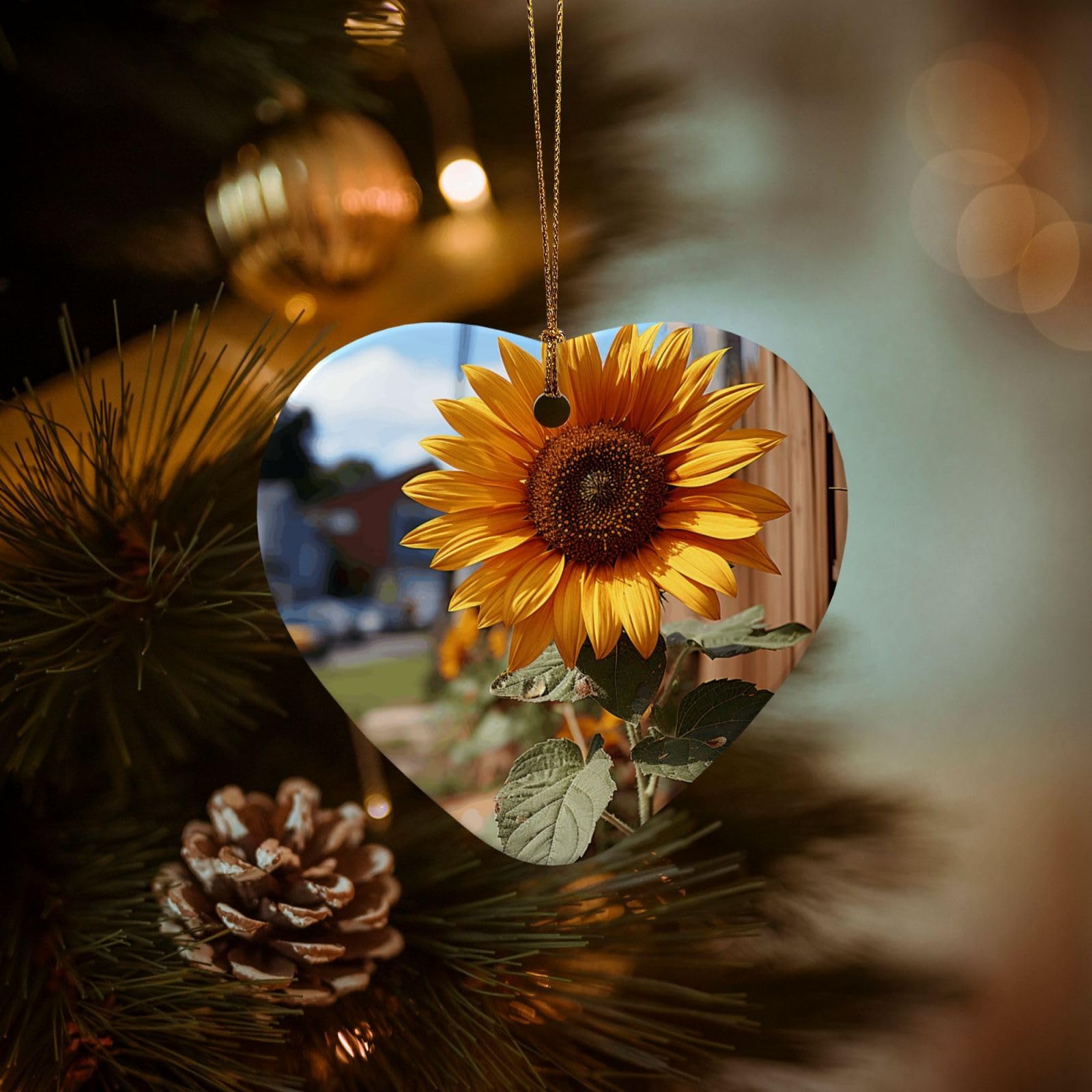 Christmas Tree Ornaments Ceramics Christmas Decorations Farm Sunflower Ornaments with Gold Ribbon Porcelain Xmas Tree Crafts Heart Shape Hanging Pendant for Christmas Tree Party Decor