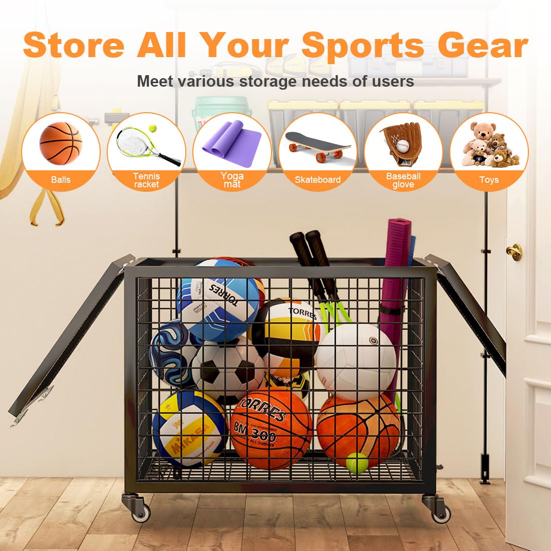 Ballwagen mit Rollen,Gitterwagen mit Deckel,Abschließbarer Ball-Aufbewahrungswagen,Ballbox,Ballregal,Ballkorb,Regal Sportgeräte für Basketball,Fußball,Volleyball,Gymnastikball,Tennisball
