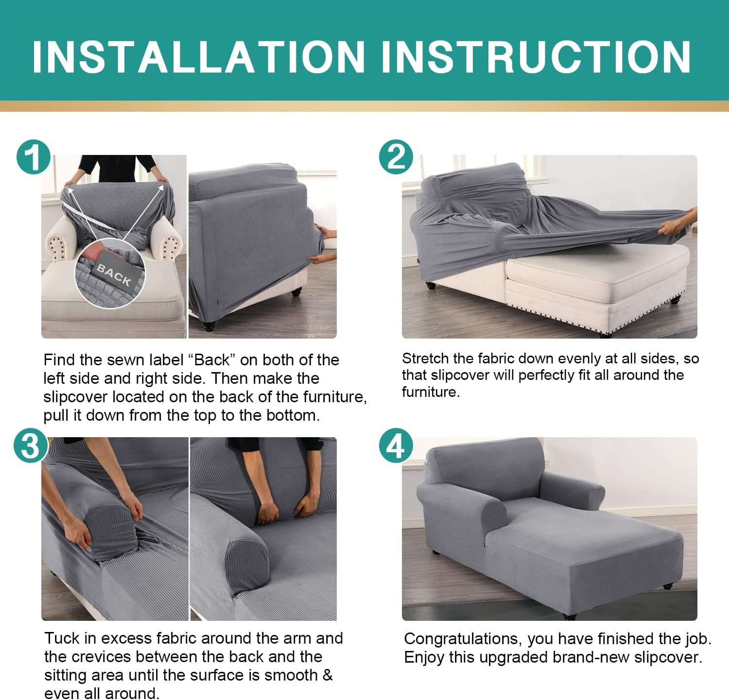 ele ELEOPTION Chaise Lounge Cover Stretch Sofa Chaise Cover with Arms Slipcover for Dog Pet Bedroom Furniture Couch Covers Washable Light Gray