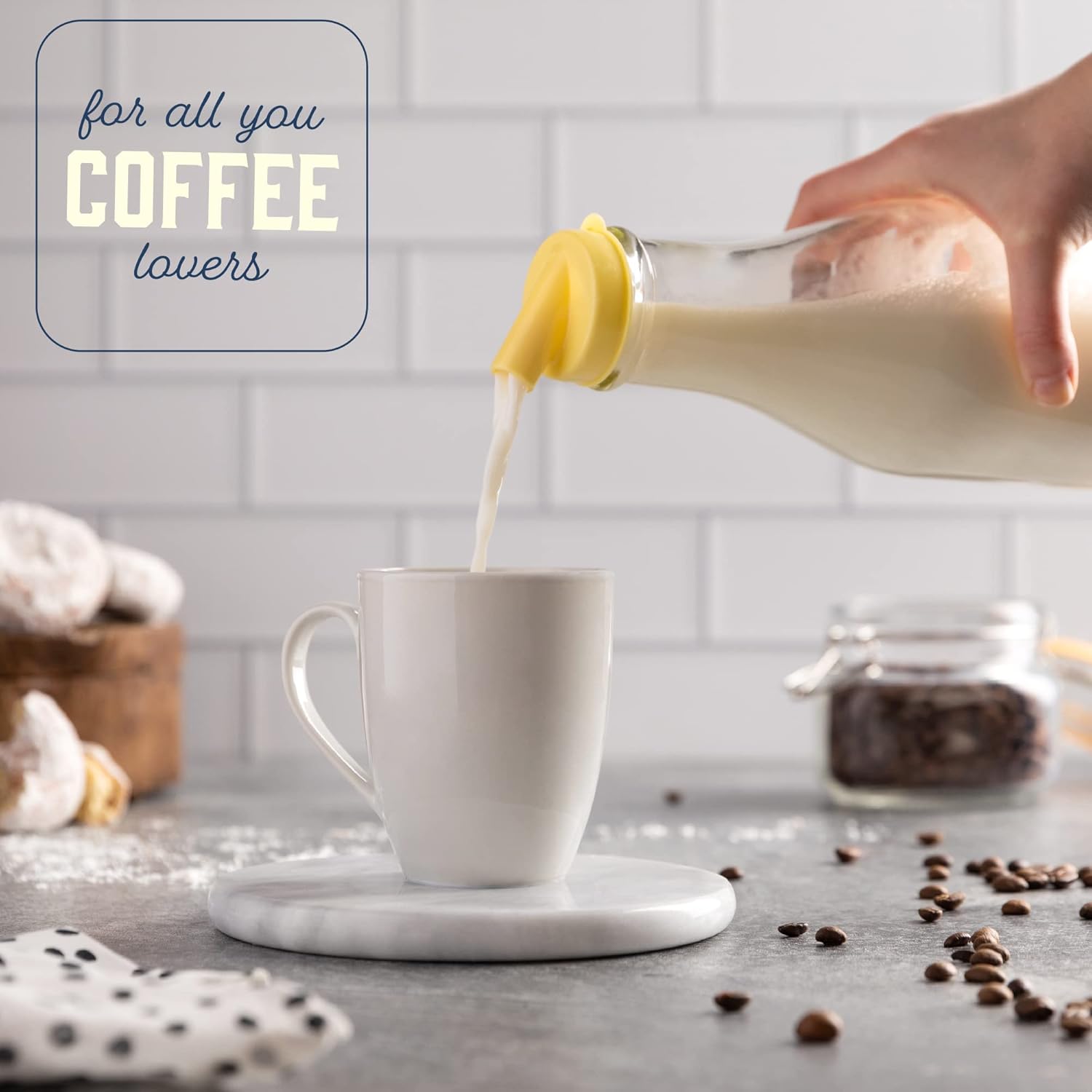 kitchentoolz 32 Oz Round Glass Milk Bottle with Lids, Perfect Milk Container for Refrigerator 32 Ounce Round Glass Milk Carafe with Lid and Pour Spout -Made in USA Pack of 1