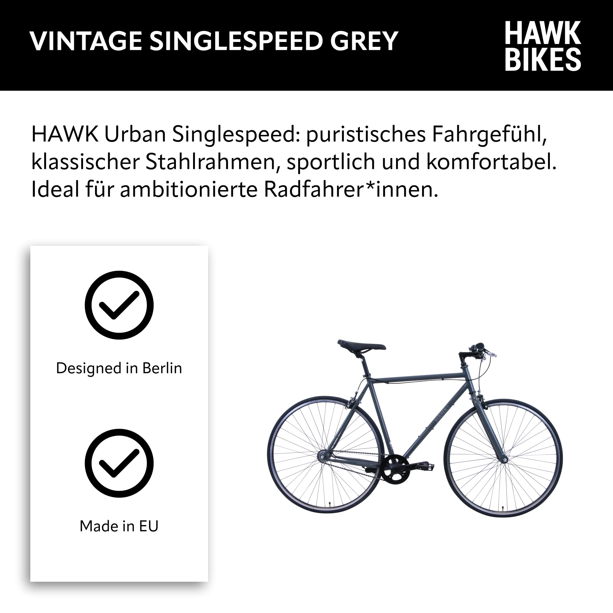 HAWK Vintage Singlespeed Fahrrad 28 Zoll Herren & Damen (55 cm) I Sportliches Fixie mit klassischem Stahlrahmen I Rennrad mit Felgenbremse I Grey