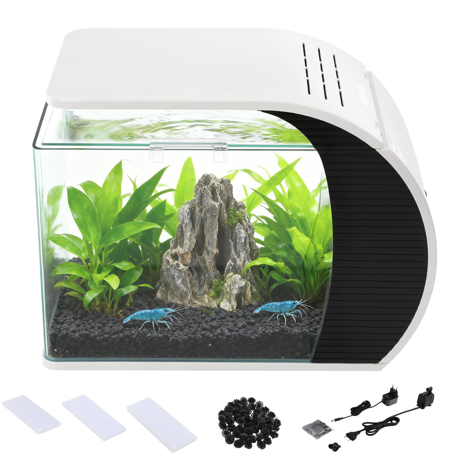 Kleines Glas Aquarium, Tischaquarium, Aquarium mit Pumpe und LED-Beleuchtung, Aquarium-Komplettset, Desktop-Mini-Aquarium, für Wohnzimmer, Arbeitszimmer und Büros