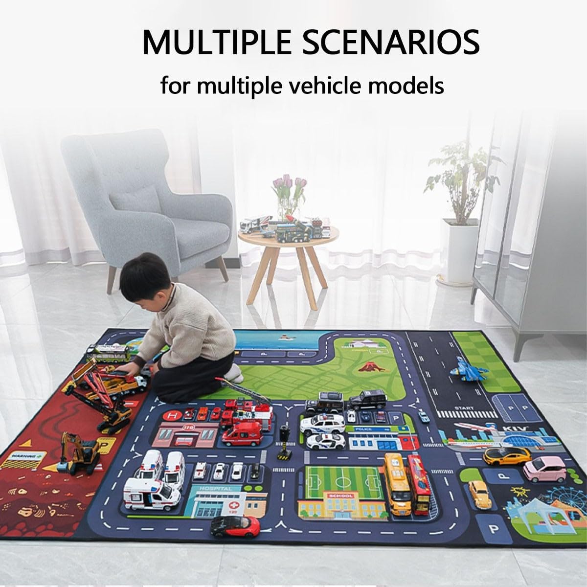 Kids Car Rug Carpet Playmat with Road Track, Non-Slip Child Car Parking Mats, Washable Toddler City Life Street Map Carpet for Playroom Bedroom or Lawn 2'11" × 3'11"