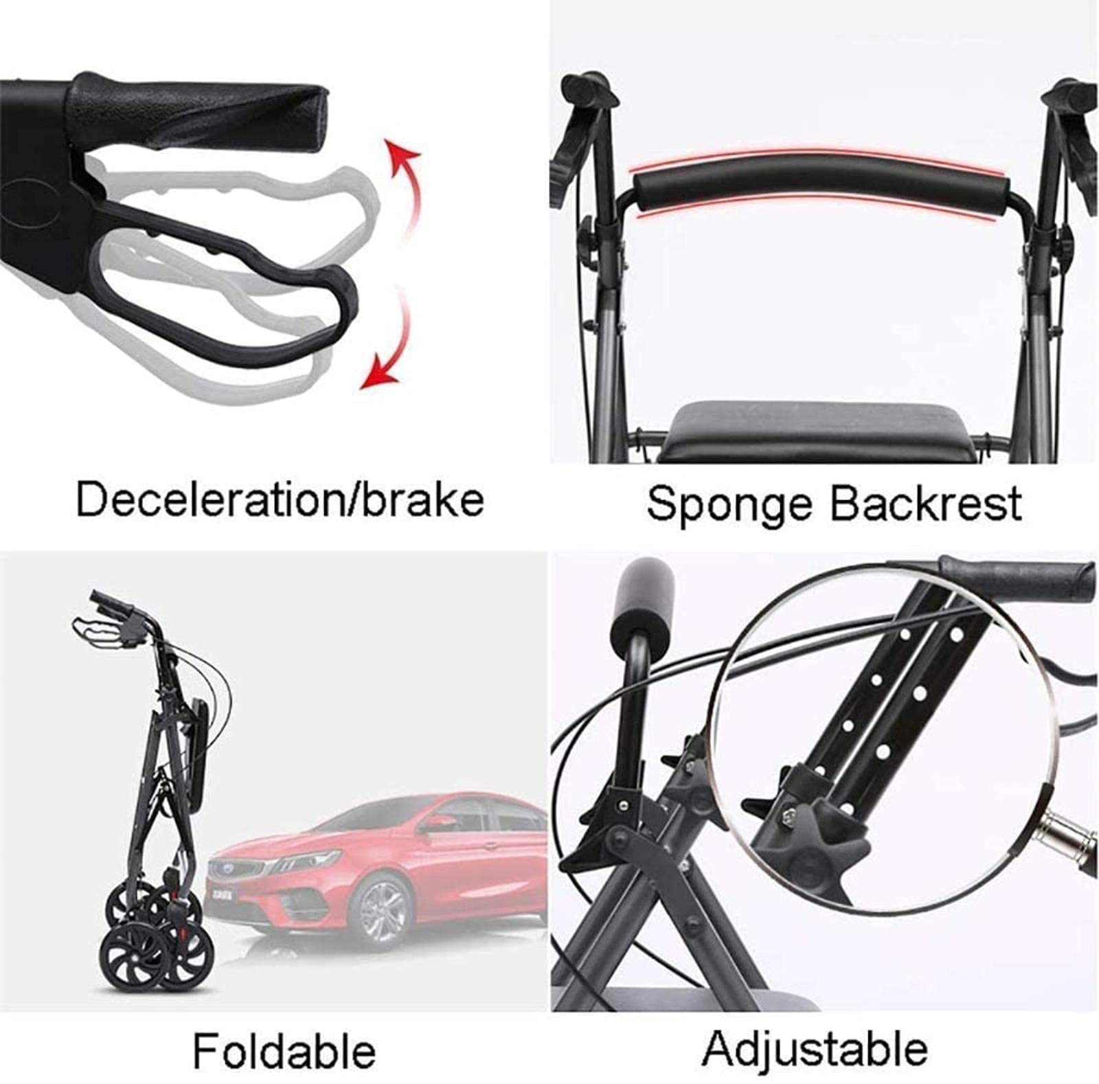 Ältere Menschen, vierrädriges Hilfsmittel aus Aluminium mit gepolstertem Sitz, Einkaufskorb, feststellbare Bremsen, ergonomische Griffe, leichte Faltrolle, Sehnsucht nach