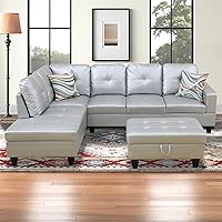 Vista 15 de Sofá modular para sala de estar, sofá seccional de cuero marrón en forma de L con diván y otomano de almacenamiento para sala de estar