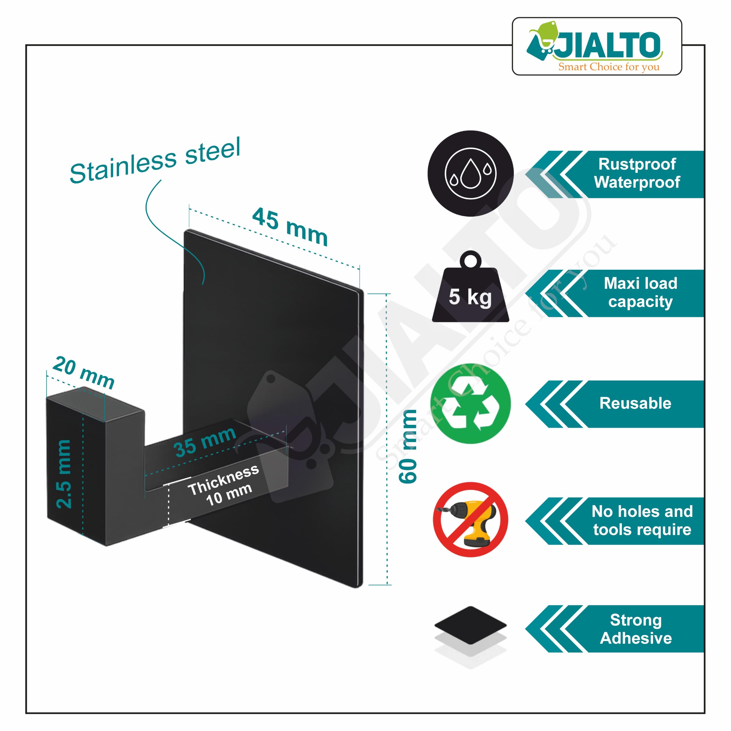 JIALTO 6 pcs Self-Adhesive Hooks: Heavy-Duty Waterproof Stainless Steel for Drilling-Free Wall Mounting - Ideal for Strong Coat, Kitchen, and Bathroom Towel Hanging (Matt Black)