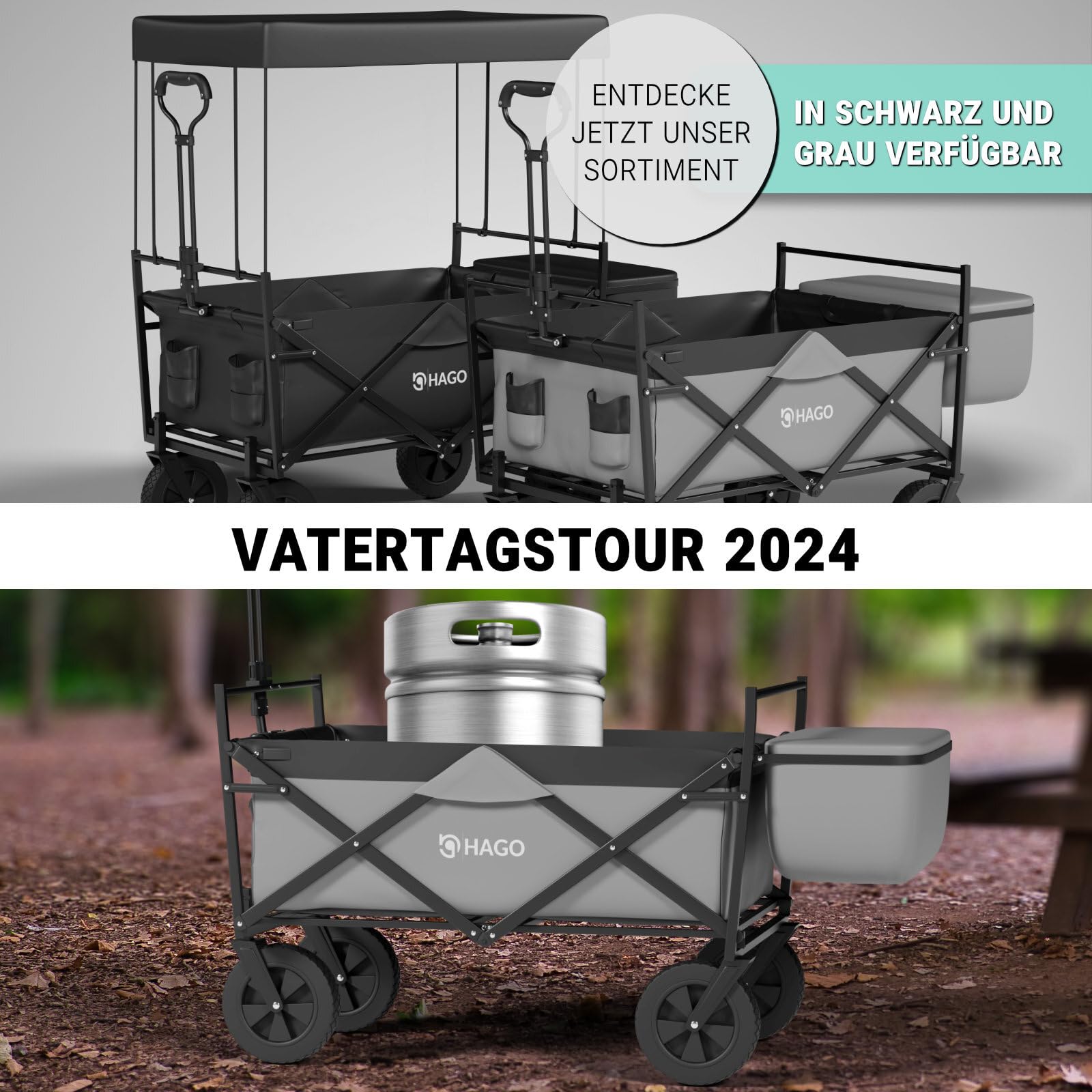HAGO Carrello pieghevole | grigio | robusto | adatto ai bambini | tettuccio parasole | versatile | outdoor | festa del papà | leggero | grande spazio