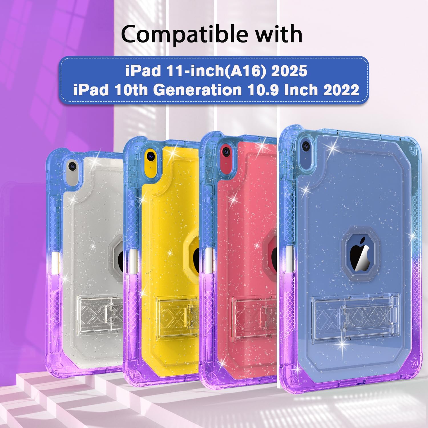 ZoneFoker Case for iPad 11-inch (A16) 2025 / iPad 10th Gen 10.9 inch 2022, Heavy Duty Shockproof Rugged Protective with Pencil Holder, 11th / 10th Translucent Cover with Kickstand, Blue to Purple