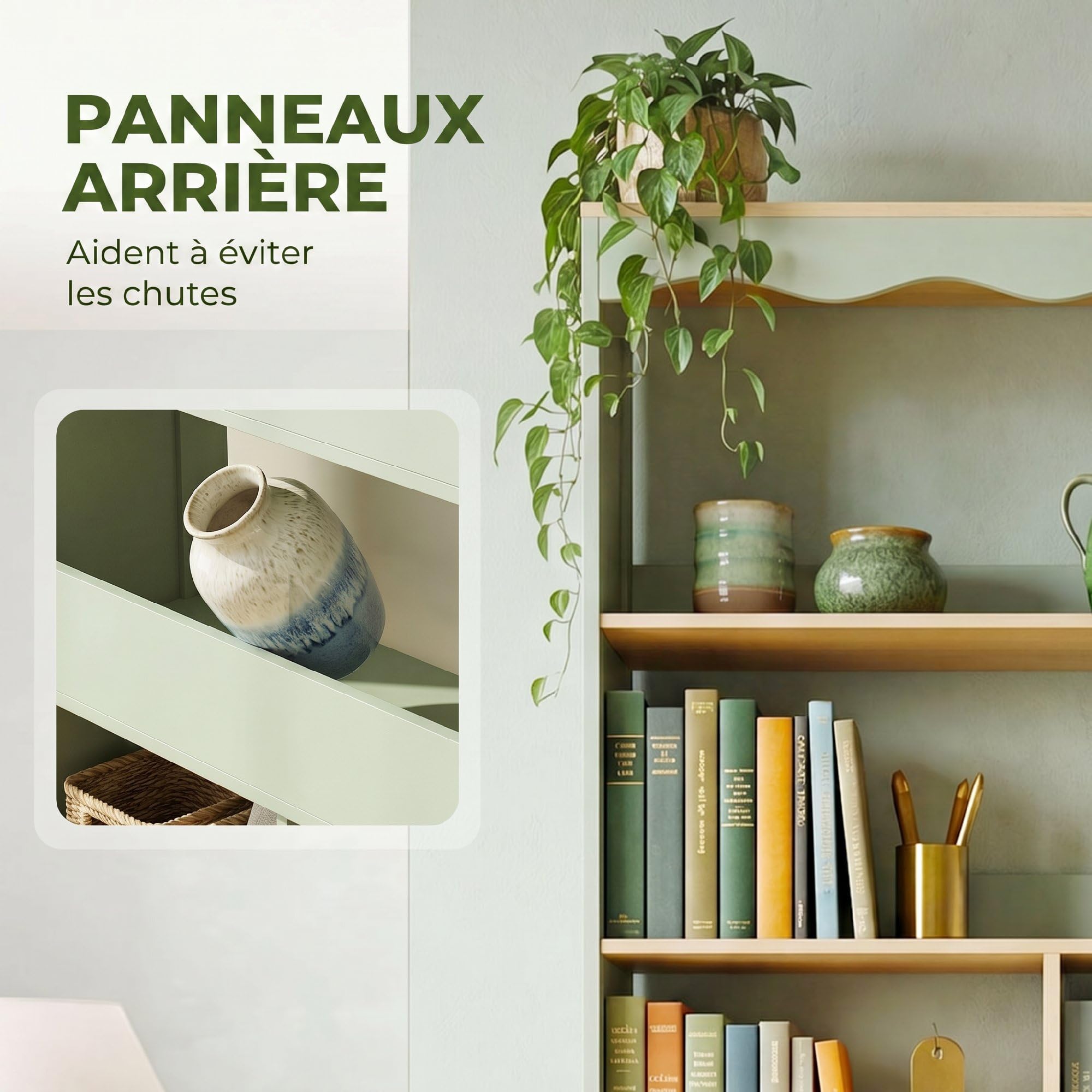 HOMCOM Bibliothèque, étagère de Rangement à 6 Niveaux avec 6 Compartiments Ouverts, Meuble de Rangement pour Salon, Bureau, Chambre, 76 x 23,8 x 180 cm, Bois Naturel et Vert