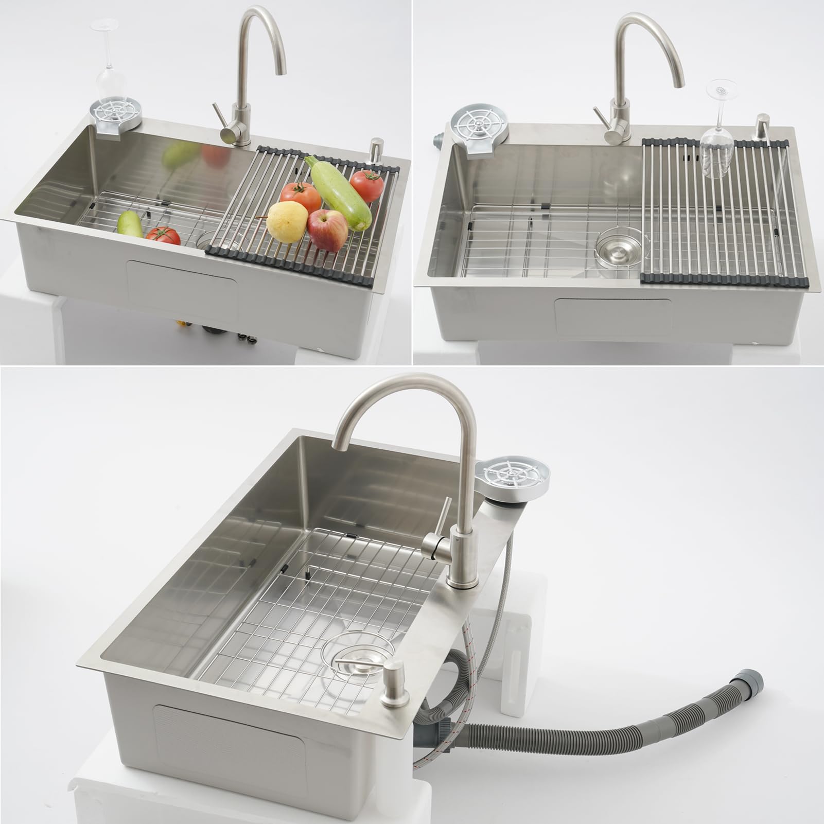 Lavabo de Cocina 80 x 50 cm, Fregadero de Cocina 1 Cuenca de Acero Inoxidable con Grifo, Gran Lavabo de Cocina Cepillado, con Rejilla Inferior para Fregadero, Escurridor, Dispensador de