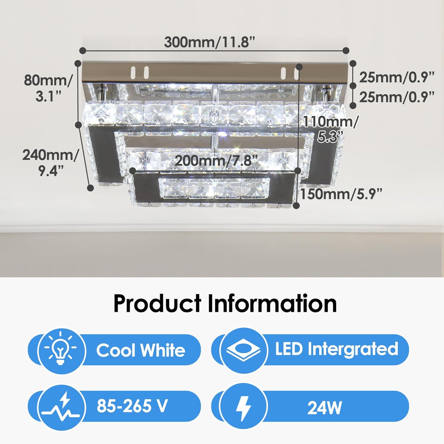 Finktonglan Crystal LED Flush Mount Ceiling Light, 11.8"×9.1" Rectangular Close to Ceiling Light, 24W 6500K Cool White Daylight, K9 Crystal & Stainless Steel, Non-Dimmable
