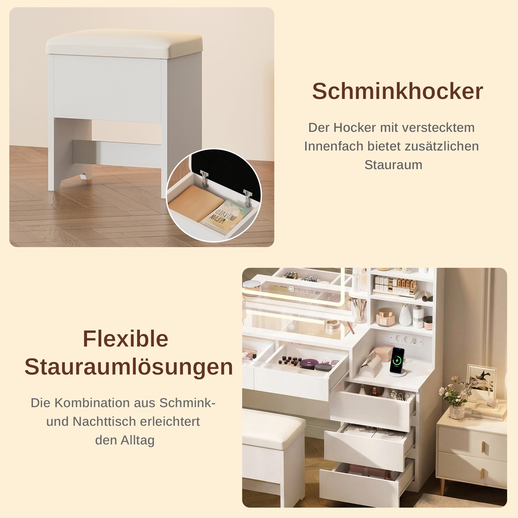 IRONCK Schminktisch mit LED-Beleuchtung, Glasplatte, Hocker & Steckdose | Schminktisch mit Spiegel, 5 Schubladen, offene Fächer, verstellbare Ablagen, 2 AC, USB-A & USB-C Anschluss, Weiß