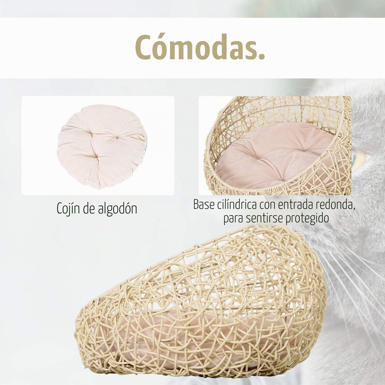 PawHut Cama para Gatos de ratán Cueva para Gatos con cojín Cesta para Gatos Cama para Perros Lugar para Dormir para Gatos Perrera para Mascotas para Gatos Perros Beige Ø56 x 35 cm | Cama para gatos, casa para gatos, tienda de campaña, casa para mascotas