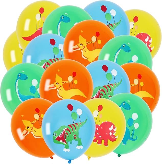 Yiran 16PCS 12inch Dinosaurs Latex Balloons for Dinosaur Party Supplies and Dinosaur Party Decorations, Green Orange Yellow Blue Balloons with T-Rex Wind Dragon Pterosaur Triceratops Dinos Printed