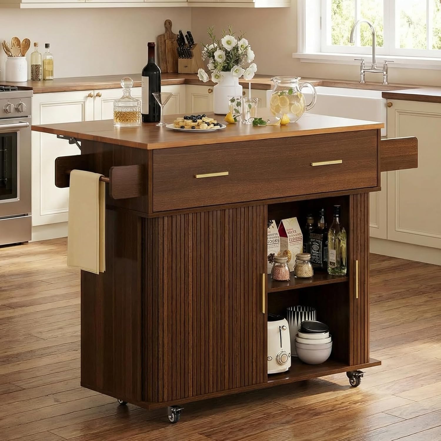 Kitchen Island with Drop Leaf: 39.4" Mobile Kitchen Island Cart on Wheels with Storage and Seating, Rolling Home Bar Carts with Spice Rack, Sliding Door,Drawers