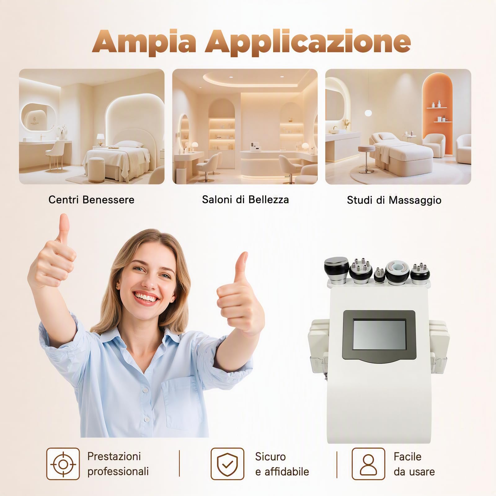 Dispositivo Cavitazione 40K 5 in 1 RF e Vuoto Viso Corpo | Touchscreen da 7 pollici, 100 W, spina UE, 5 testine, 6 piastre luminose e 2 pad per routine estetiche su aree diverse