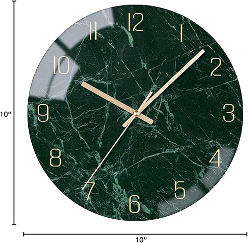Miniatura 9 de VIKMARI Reloj de pared de cristal verde esmeralda, silencioso, sin tictac, funciona con pilas, 10 pulgadas, textura moderna de mármol, decoración