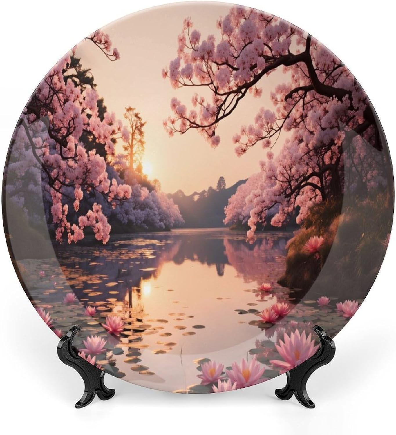 Pink Cherry Blossom Tree Bone China Decorative Plates 10inch with Display Stand, Boho Luxury Ceramic Hanging Plate for Home Decor, Personalized Ornament Dessert Plate Wall Decor Wedding Gift