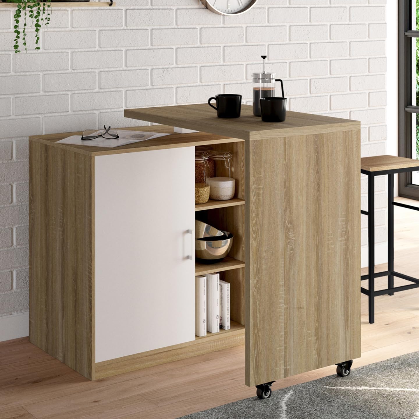 IDMarket – Ilot Rotativo Polo Mueble de bar giratorio 2 en 1 imitación haya puerta blanca