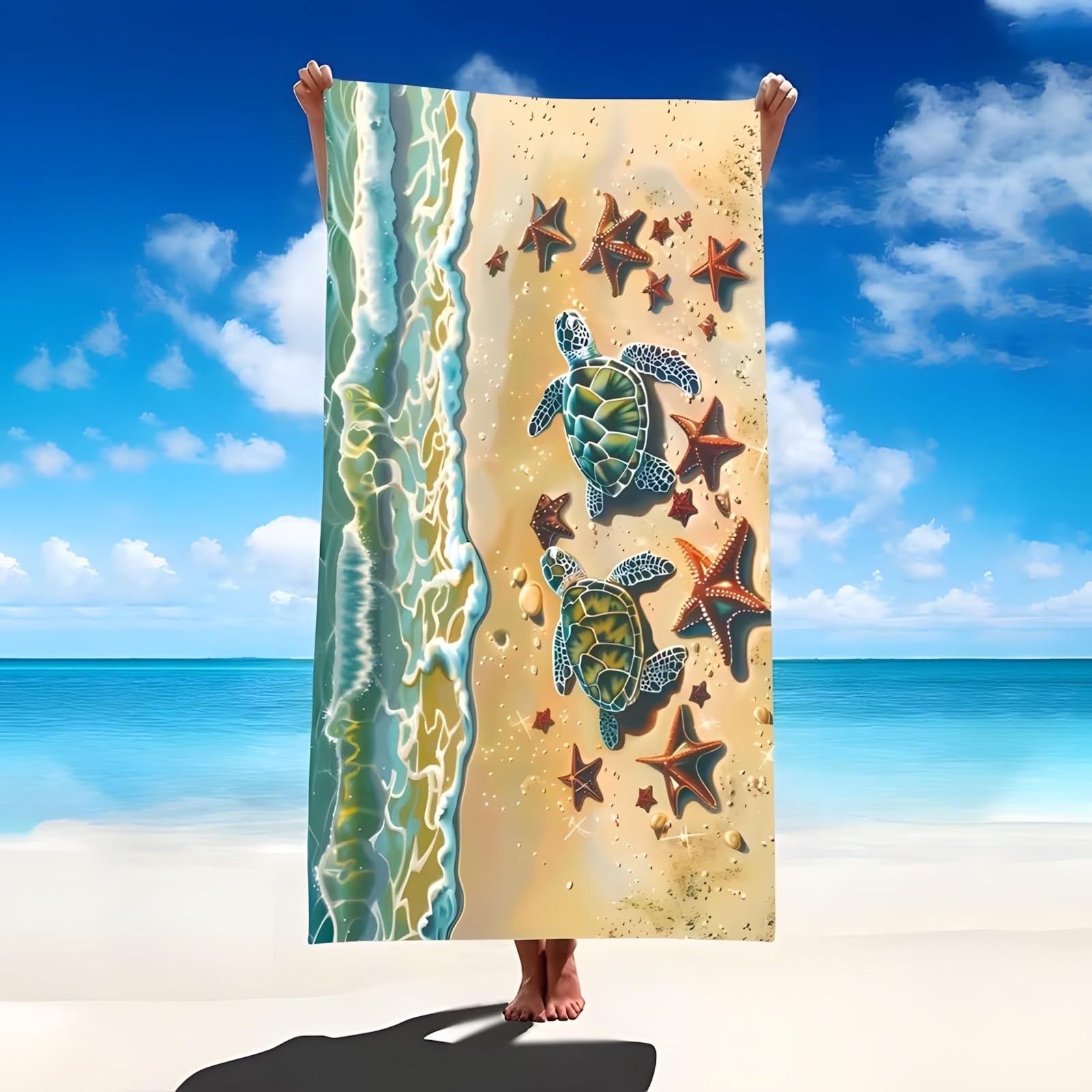 YZQGLHP Sea Turtle Microfibre Beach Towel Starfish Beach Bath Towel Quick Drying, Lightweight, Sand-Free, Durable, for Pool, Gym, Camping, Travel Towel 80x180cm