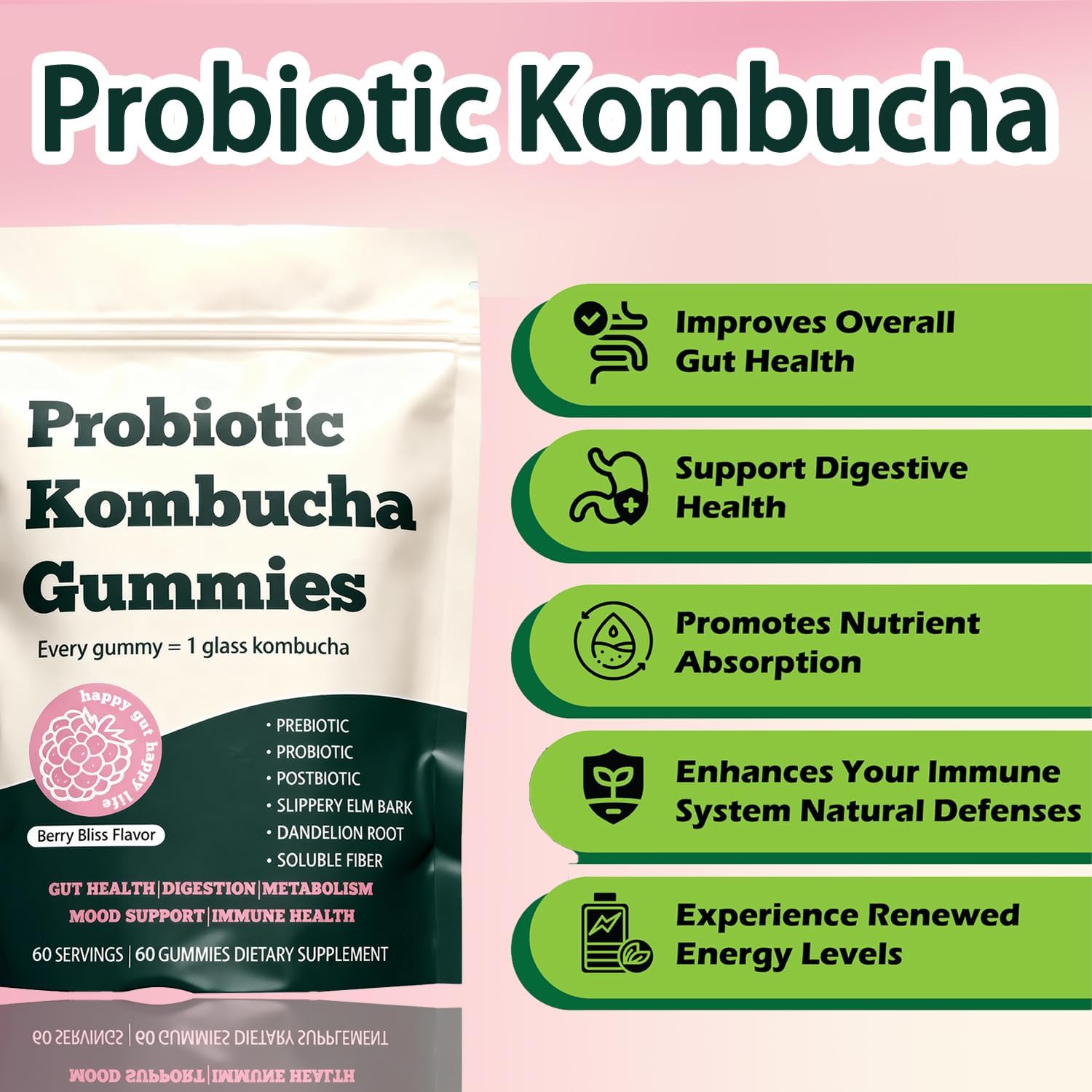 Probiotic Kombucha Gummies – 60 Gummies, with Prebiotics, Postbiotics & Fiber,Includes Slippery Elm, Dandelion Root & MCT Oil,Supports Digestive Health, Bloating Relief & Gut Support - Image 3