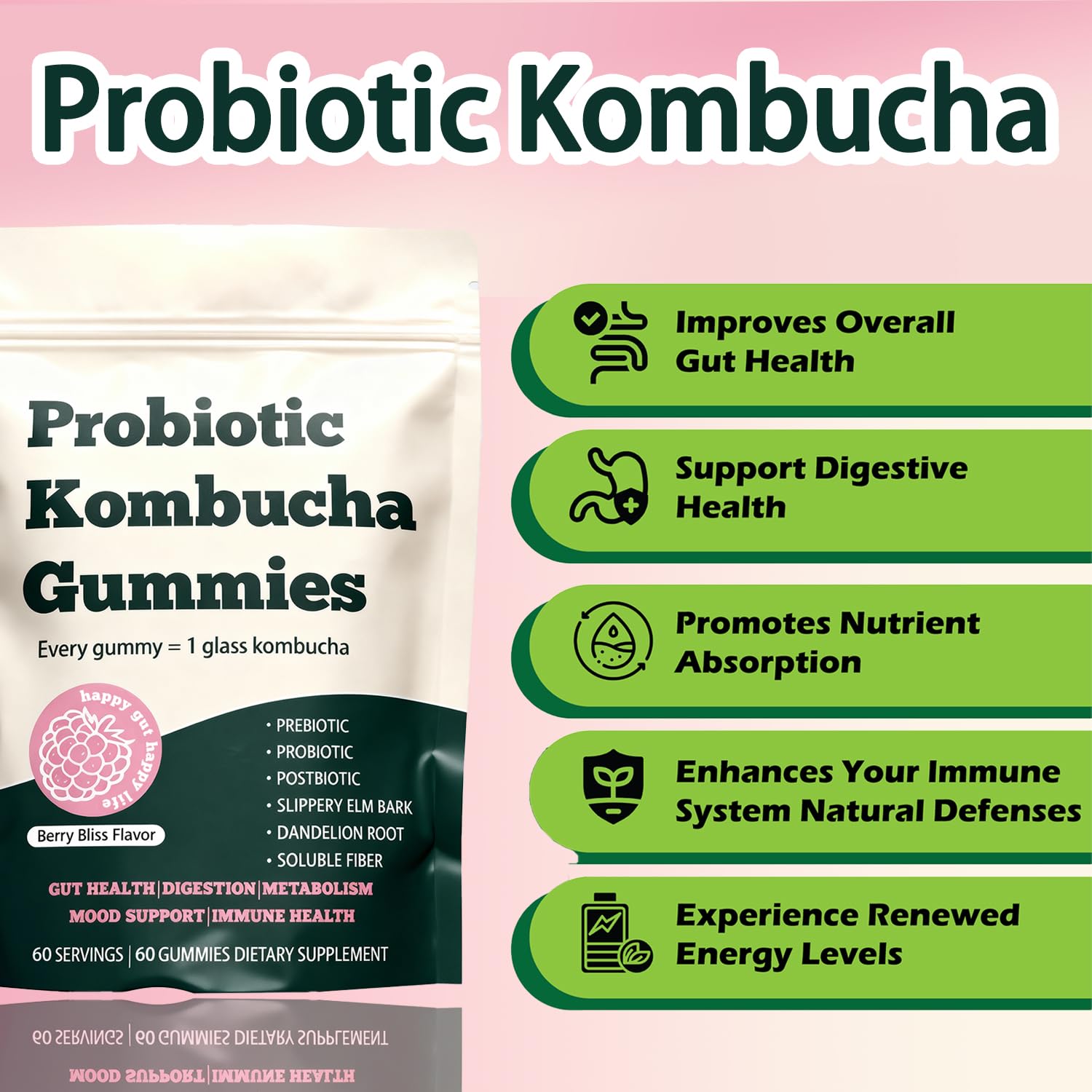 Kombucha Gummies, Daily Gut Wellness, 60 Gummies — Amazon image 5