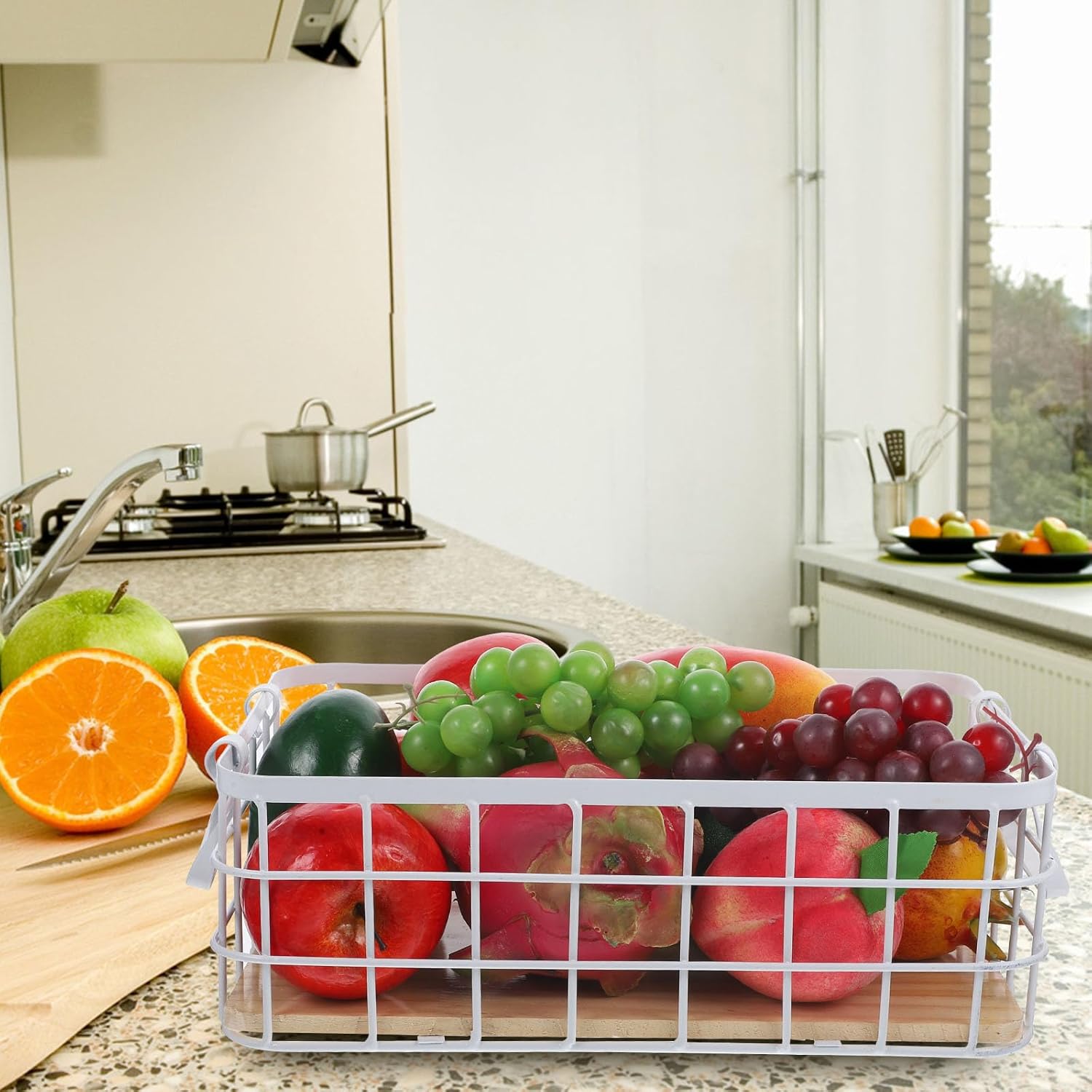 VILLCASE Kitchen Serving Basket, Farmhouse Wire Metal Storage Organizer Onion Fruit Basket Bin with Handles for Pantry Cabinets Rustic Kitchen Counter Closet