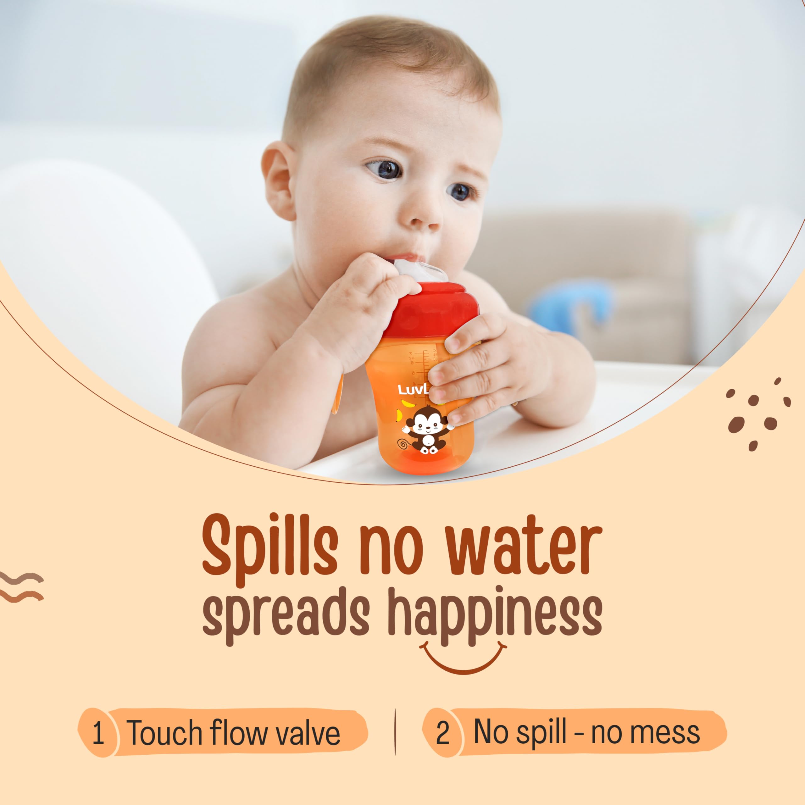 LuvLap Banana Time 210ml Anti Spill, Interchangeable Sipper / Sippy Cup with Soft Silicone Spout and Straw BPA Free for Kids 1 year+ (Orange) 1