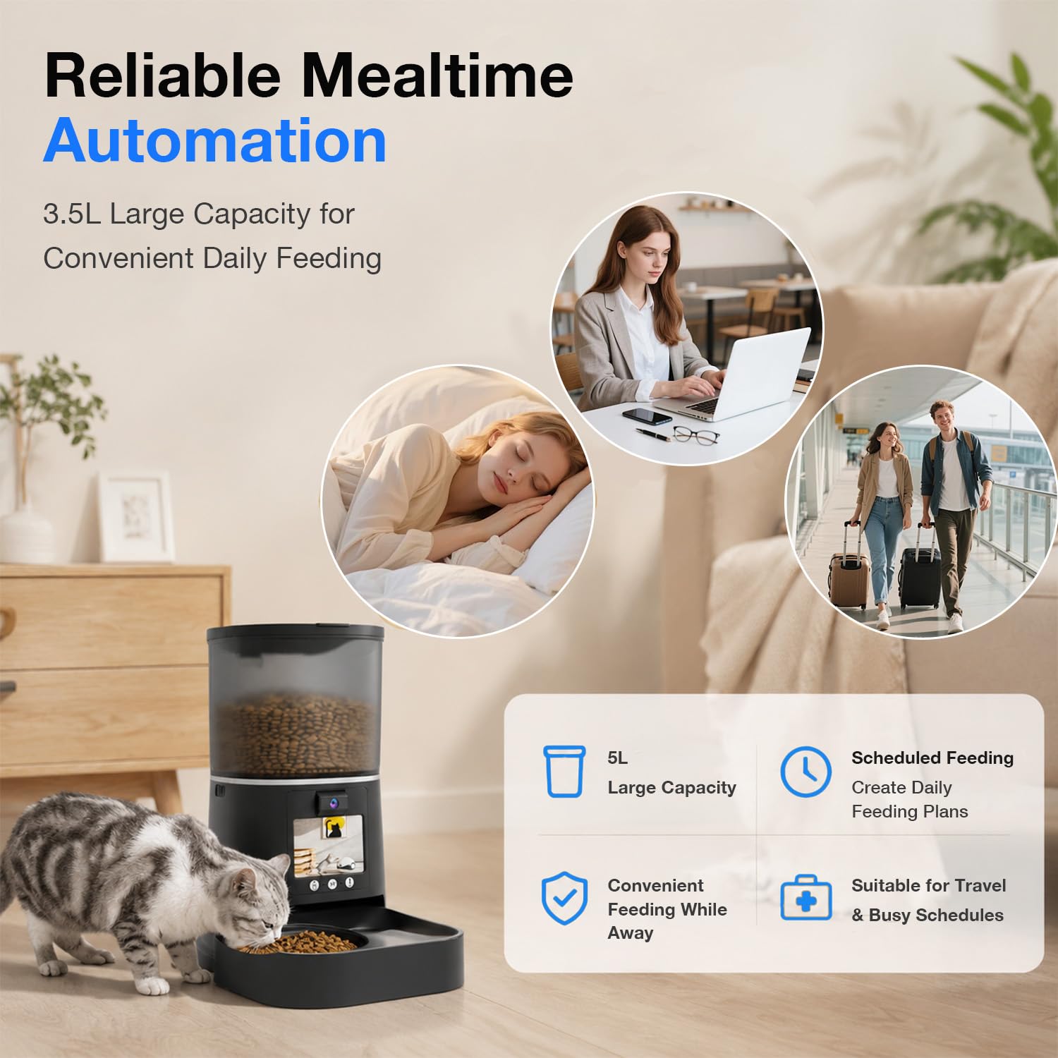 Distributore Automatico per Gatti con Telecamera 5L WiFi e App (Nero） | Videochiamata bidirezionale, audio a due vie, acquisizione AI, pasti programmati e visione notturna per cani e gatti